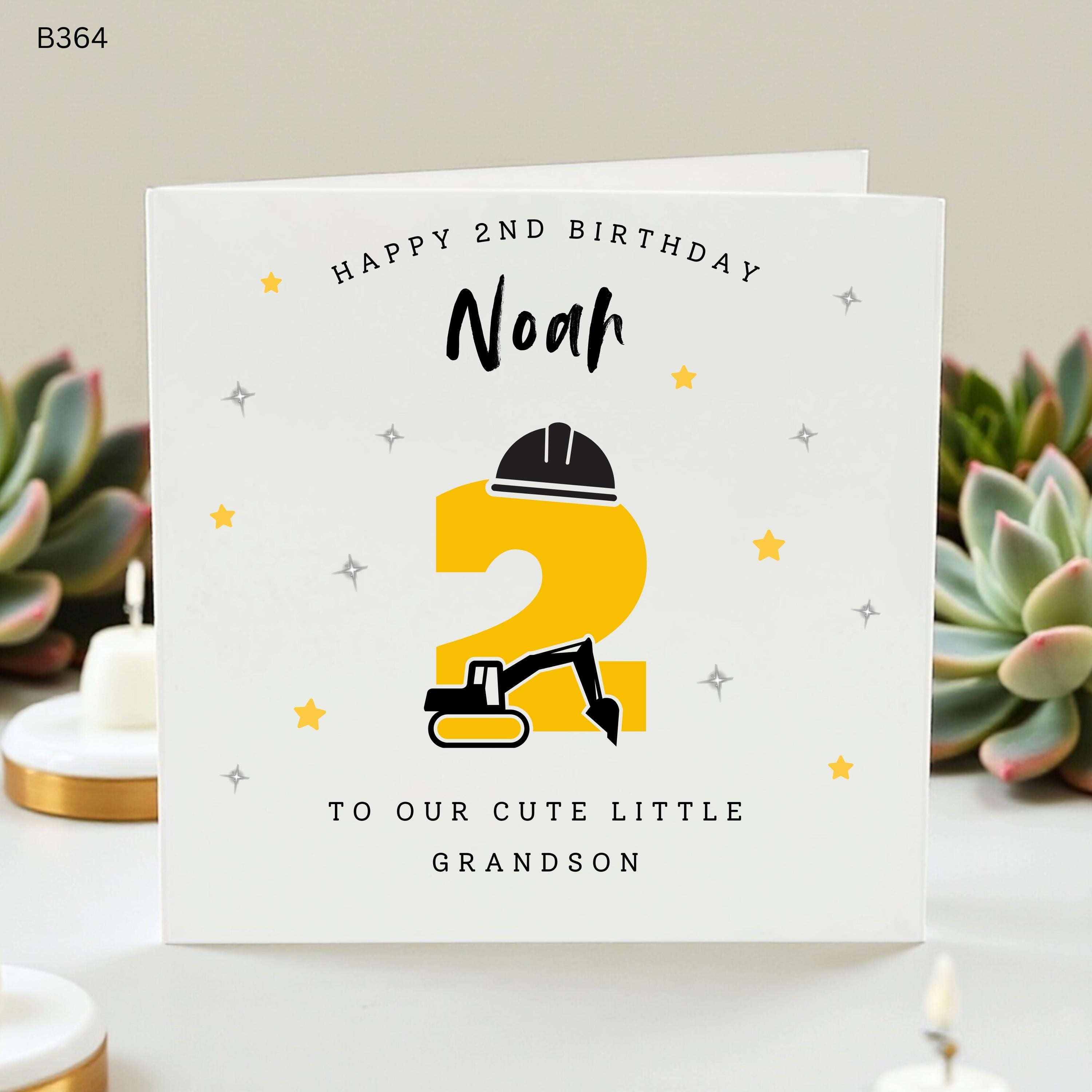 Personalized 2nd Birthday Card for Grandson Noah, Cute Construction Digger and Excavator Custom Name Card for Two Year Old Boy, Age 2