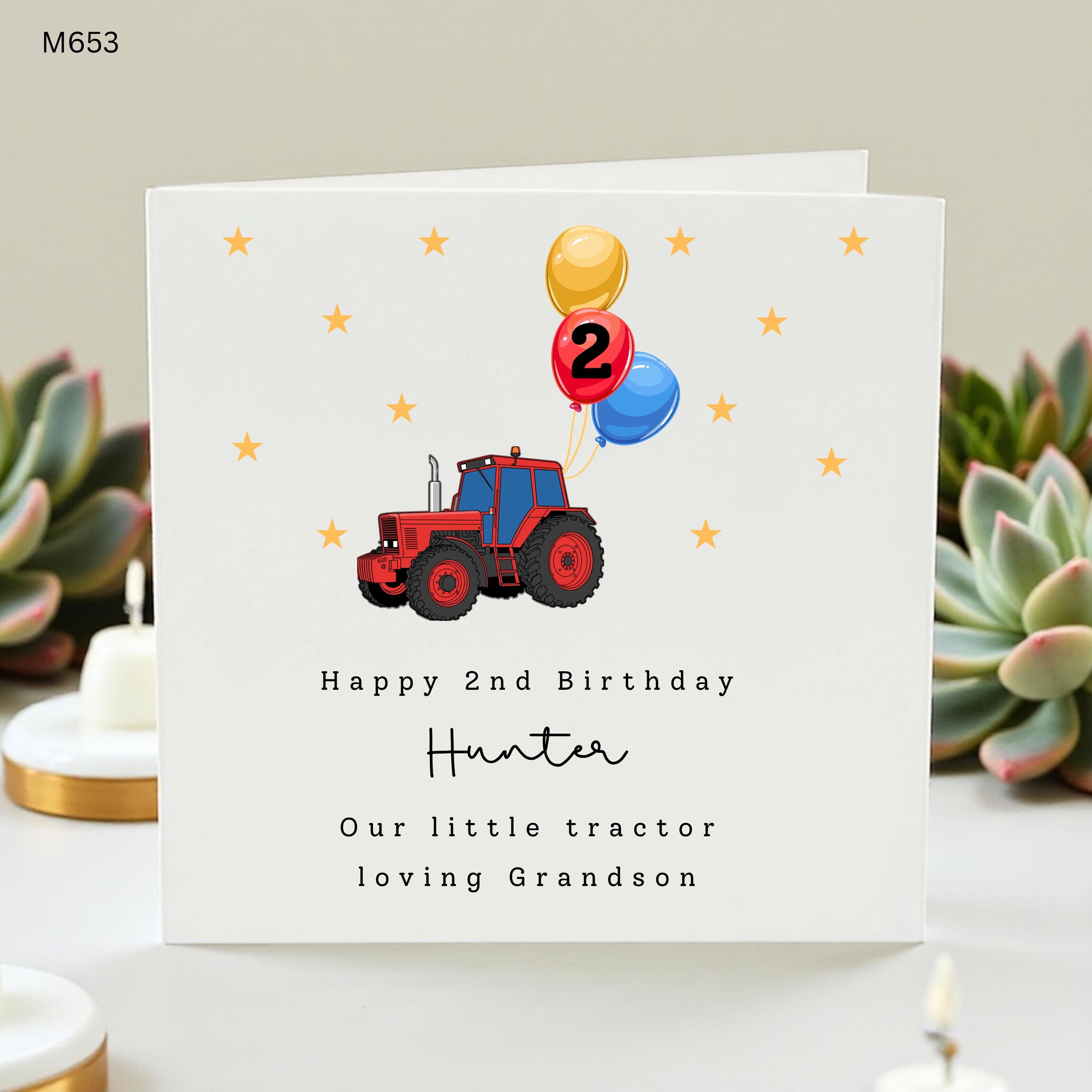 Personalized Grandson 2nd Birthday Card | Custom Red Tractor Theme Card for Hunter | Little Boy Two Today Card with Balloons and Stars