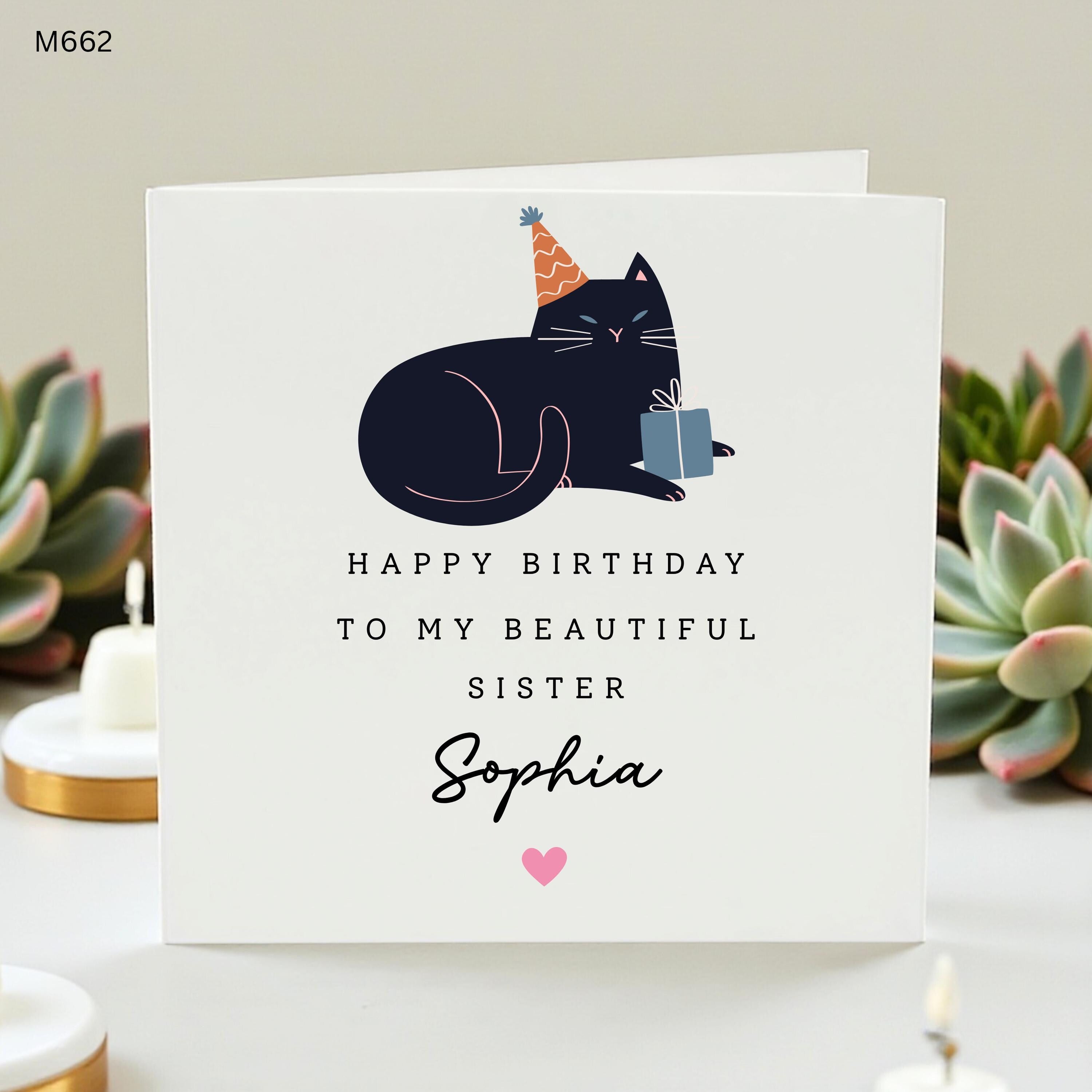 Personalized Sister Birthday Card | Custom Name Card for Her | Cute Black Cat Birthday Gift | Beautiful Sister Greeting Card with Cat