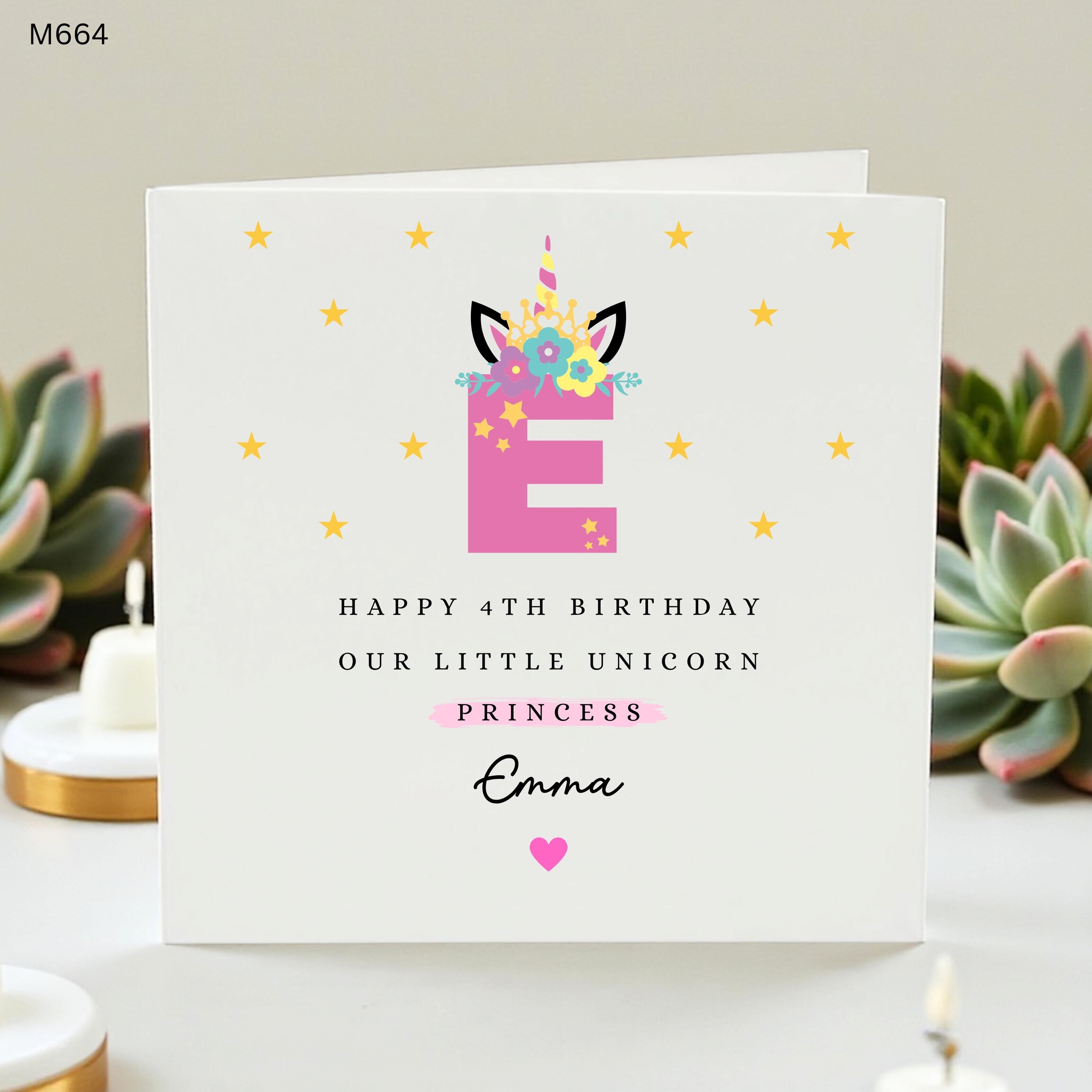 Personalized 4th Birthday Card Girl | Custom Name Unicorn Initial Greeting Card | Cute Little Princess Age 4 Card Daughter Granddaughter
