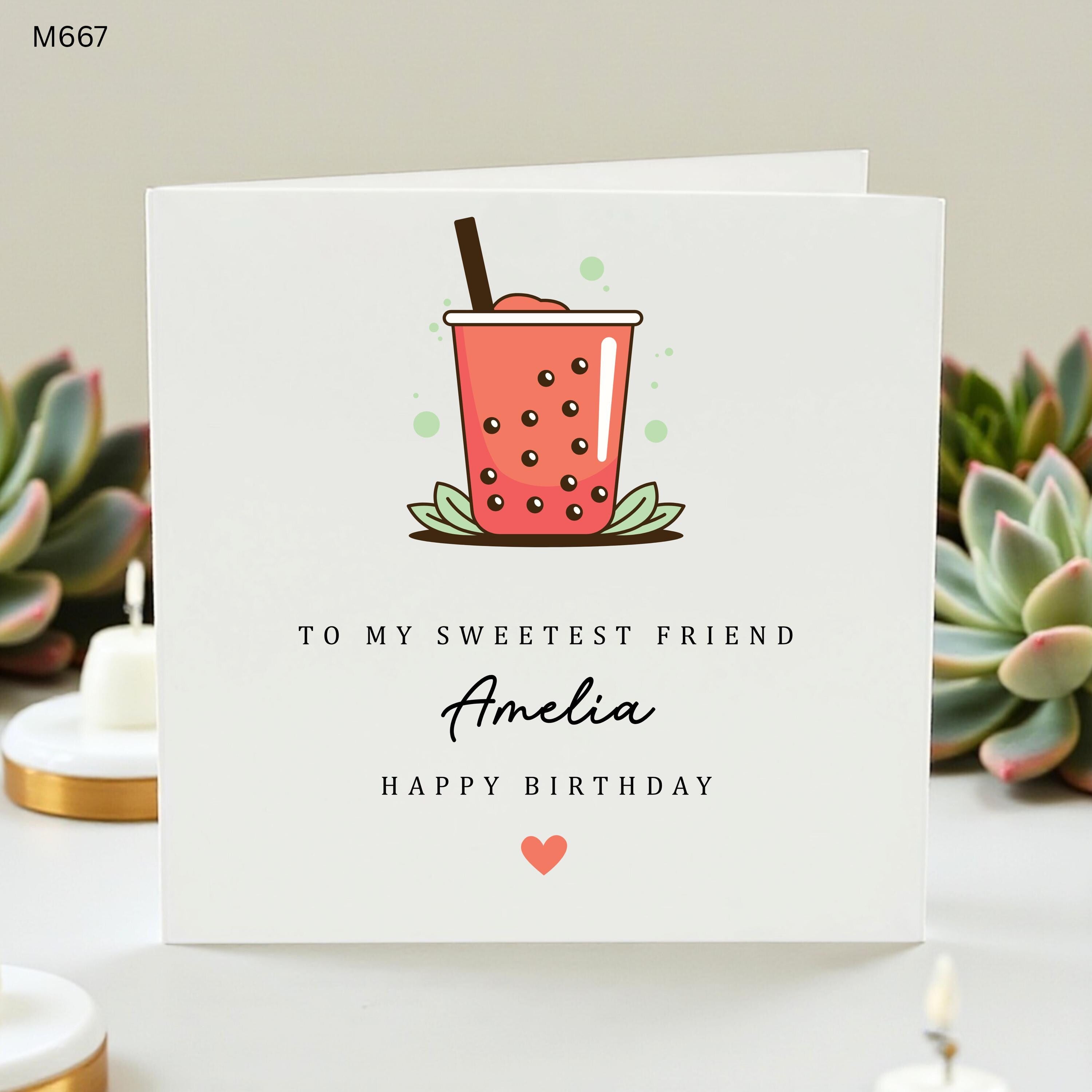 Personalized Boba Birthday Card for Best Friend, Custom Name Bubble Tea Greeting Card for Bestie Her, Sweetest Friend Birthday Gift