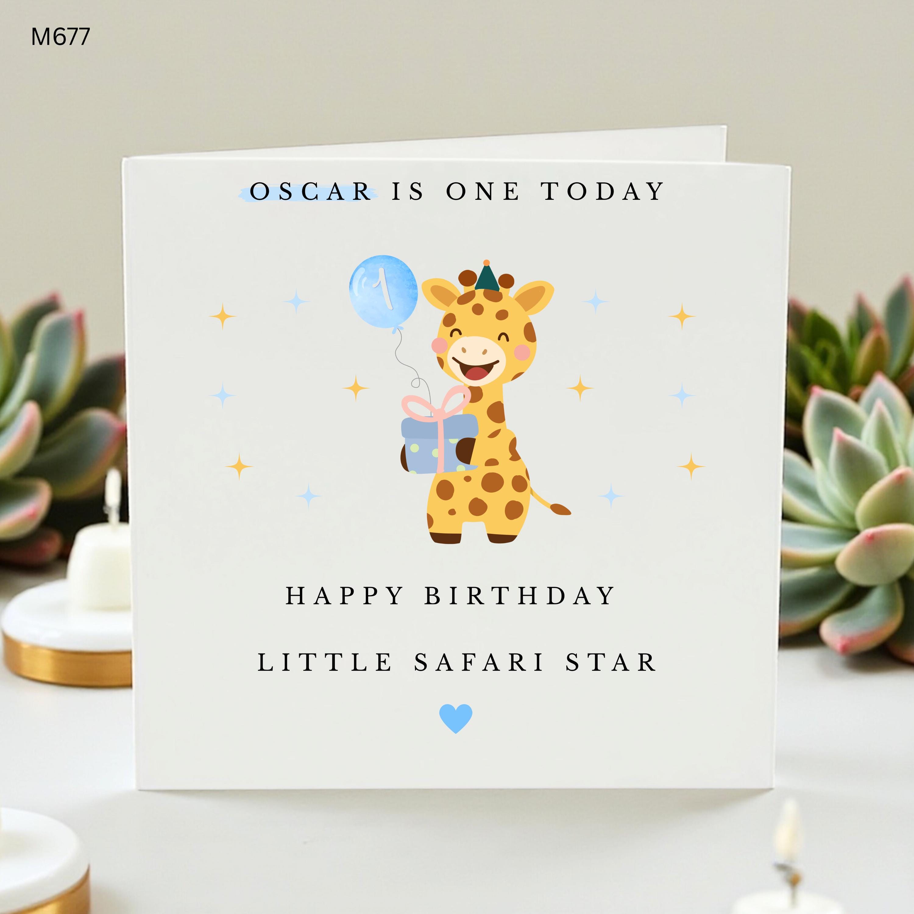 Personalised 1st Birthday Card for Son, Oscar Is One Today Giraffe Card, Cute First Birthday Card Grandson, Safari Theme Blue Nephew Card