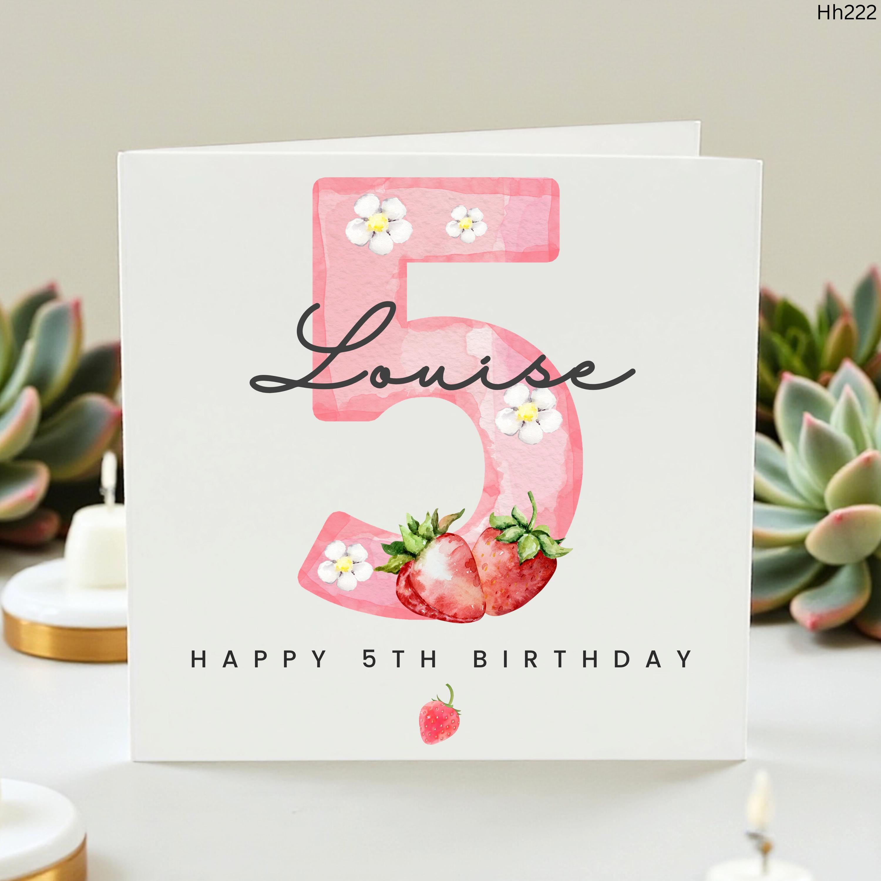 Personalized 5th Birthday Card for Daughter Granddaughter, Berry Sweet Custom Name Happy Fifth Birthday Card, Pink Strawberry Theme Age 5