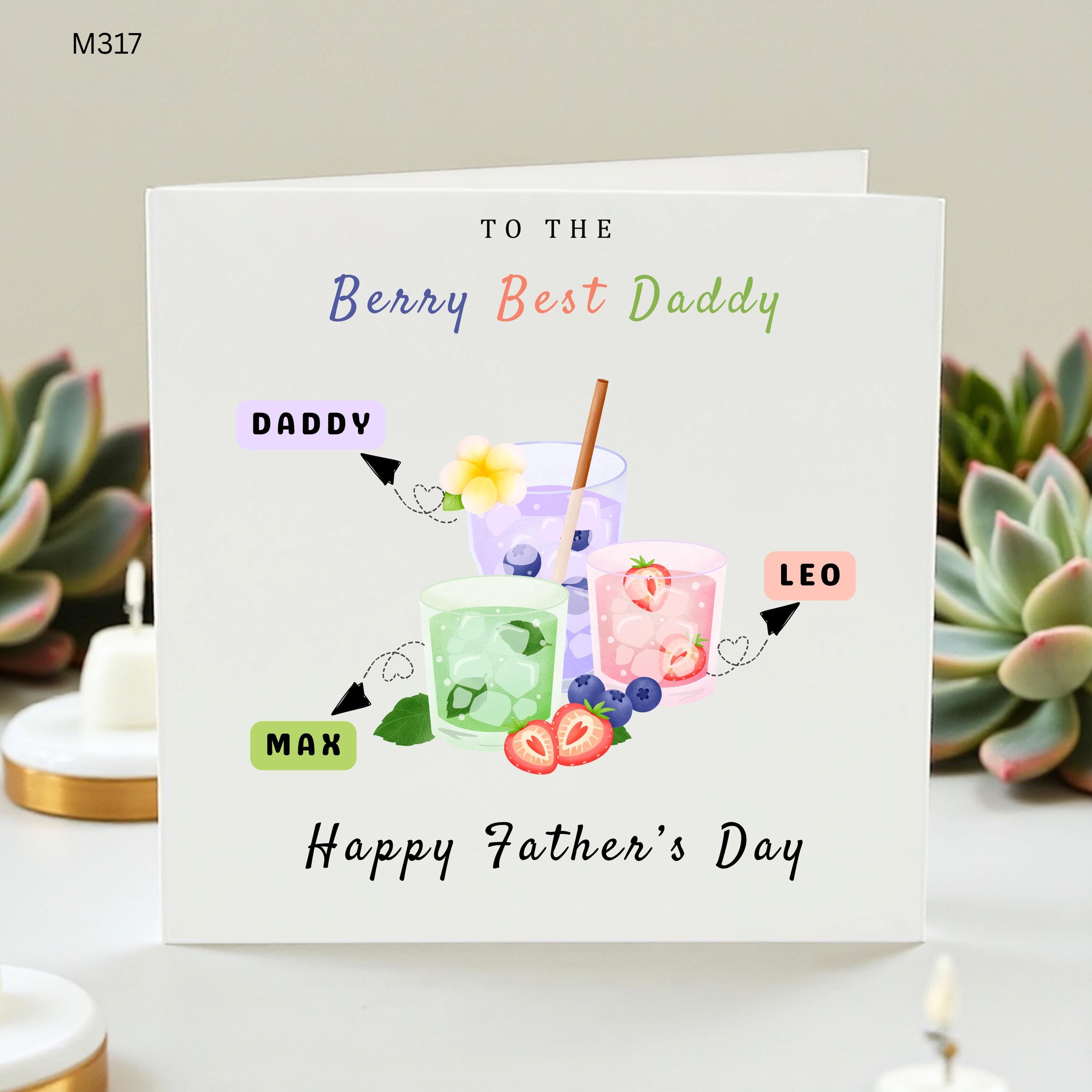Personalised Daddy Fathers Day Card From Kids, Berry Best Dad Card, Cute Fruit Drink Card For Dad Daddy, Custom Names Gift For Him Dad Gifts
