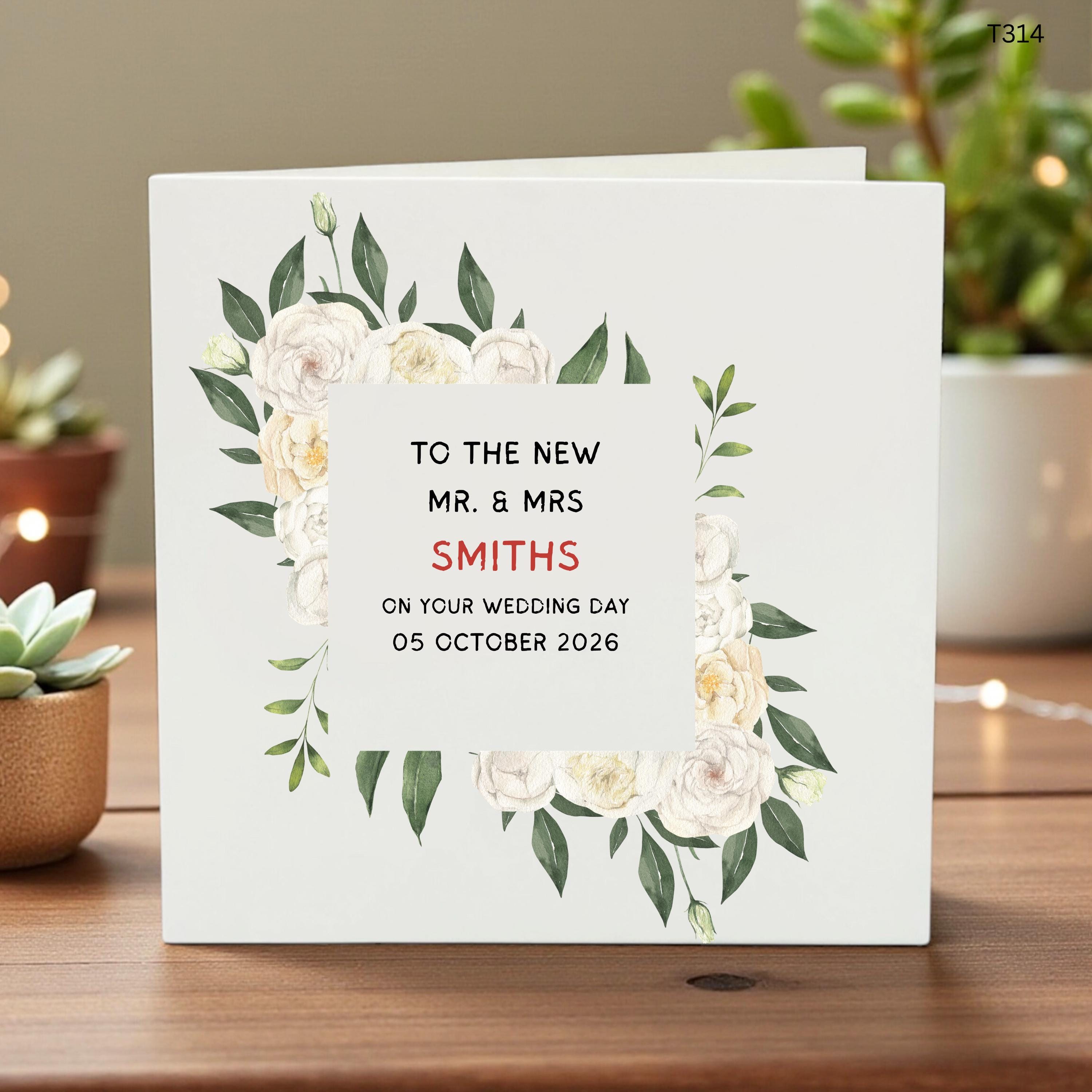 Personalized Wedding Card, Custom Name Mr and Mrs Card, Elegant White Floral Wedding Gift, Congratulations Marriage Card, Newlyweds Keepsake