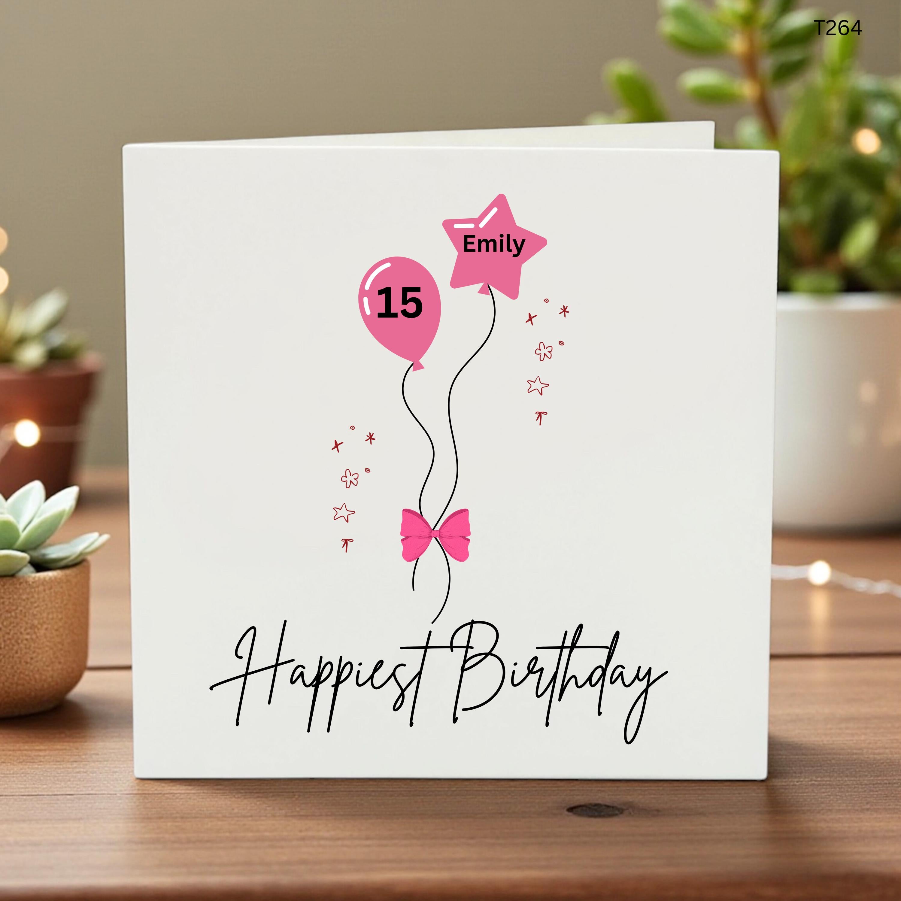 Personalized 15th Birthday Card for Daughter, Happy 15th Birthday Emily Custom Name Card, 15 Years Old Birthday Gift for Girl, Pink Balloon