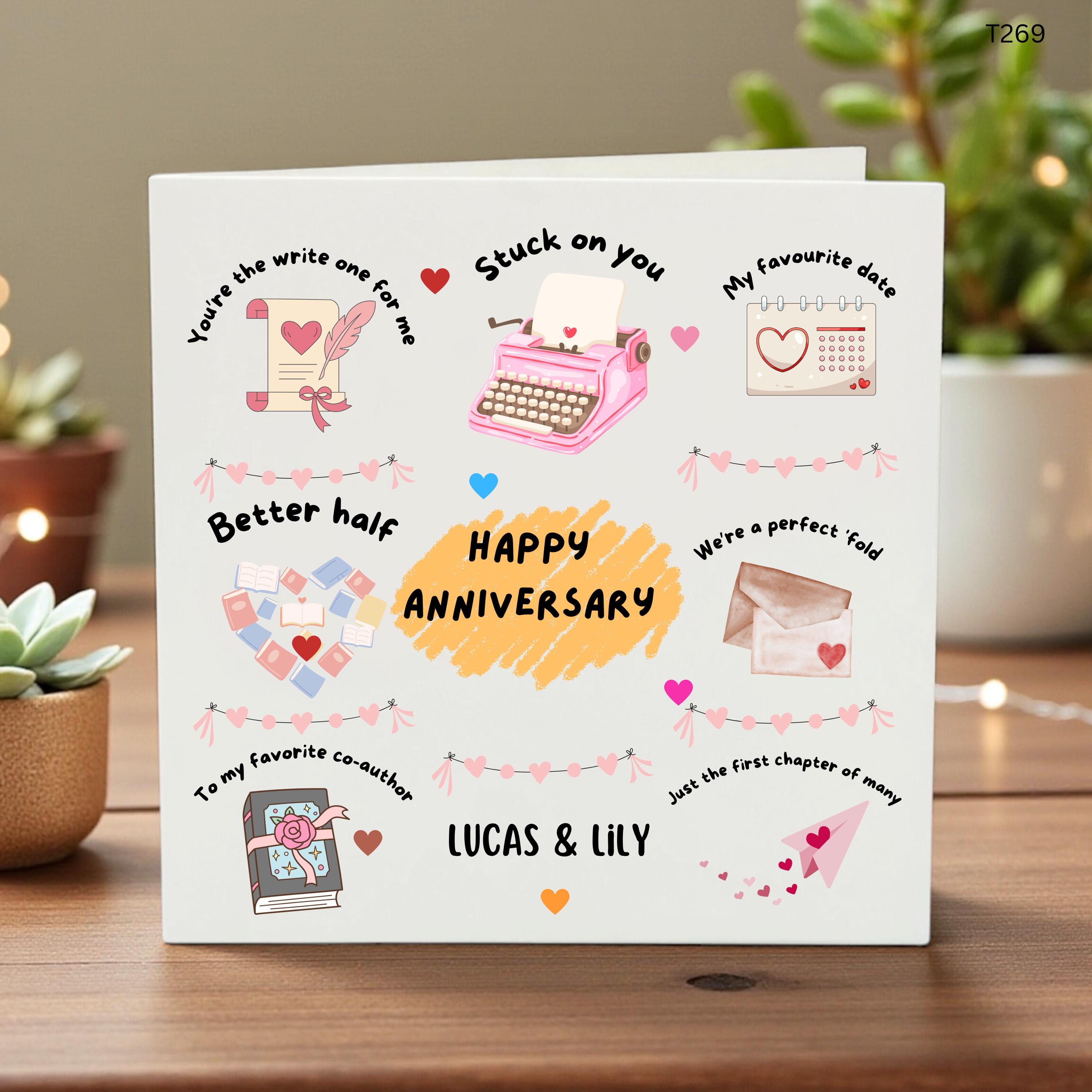Personalized Happy Anniversary Card for Couple, Custom Name Anniversary Gift for Husband or Wife, Cute Romantic Icons Card for Boyfriend