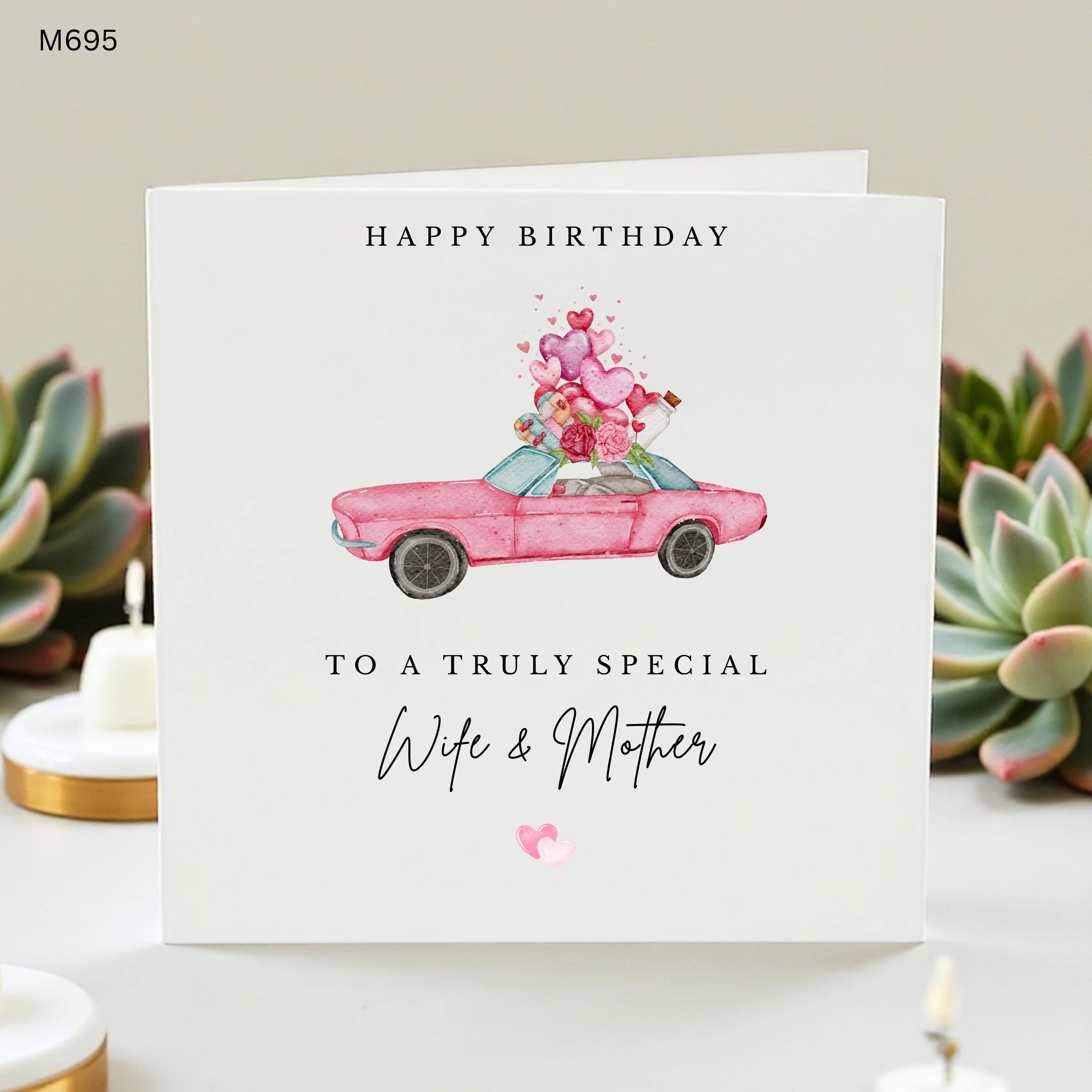 Wife and Mother Card, Happy Birthday Wife, Special Mother Card, Pink Car Birthday Card, Birthday Gift for Wife, Cute Card for Mom,
