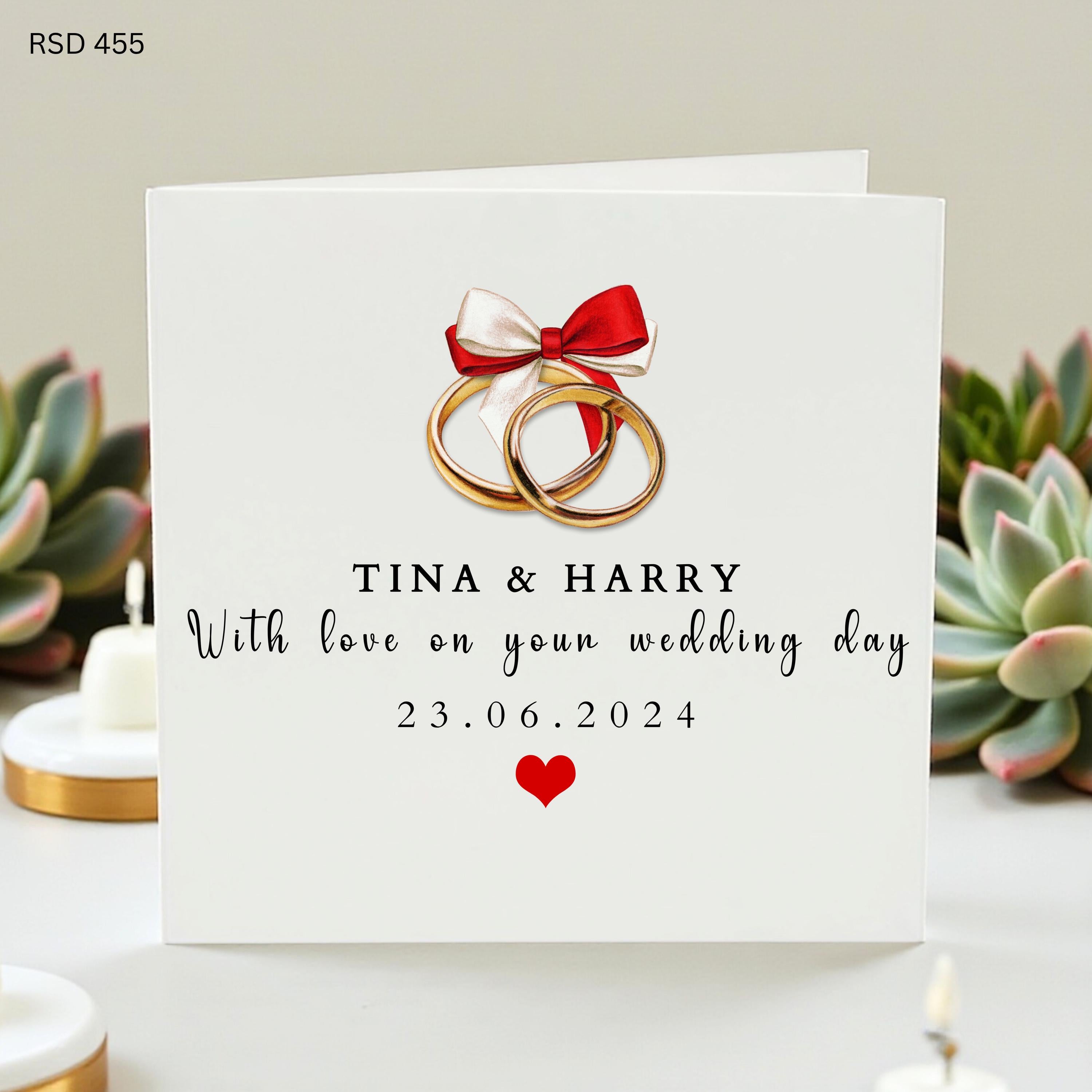Personalized Wedding Card with Interlocking Gold Rings and Red Ribbon, Custom Greeting Card for Newlyweds, Elegant Congratulations Marriage