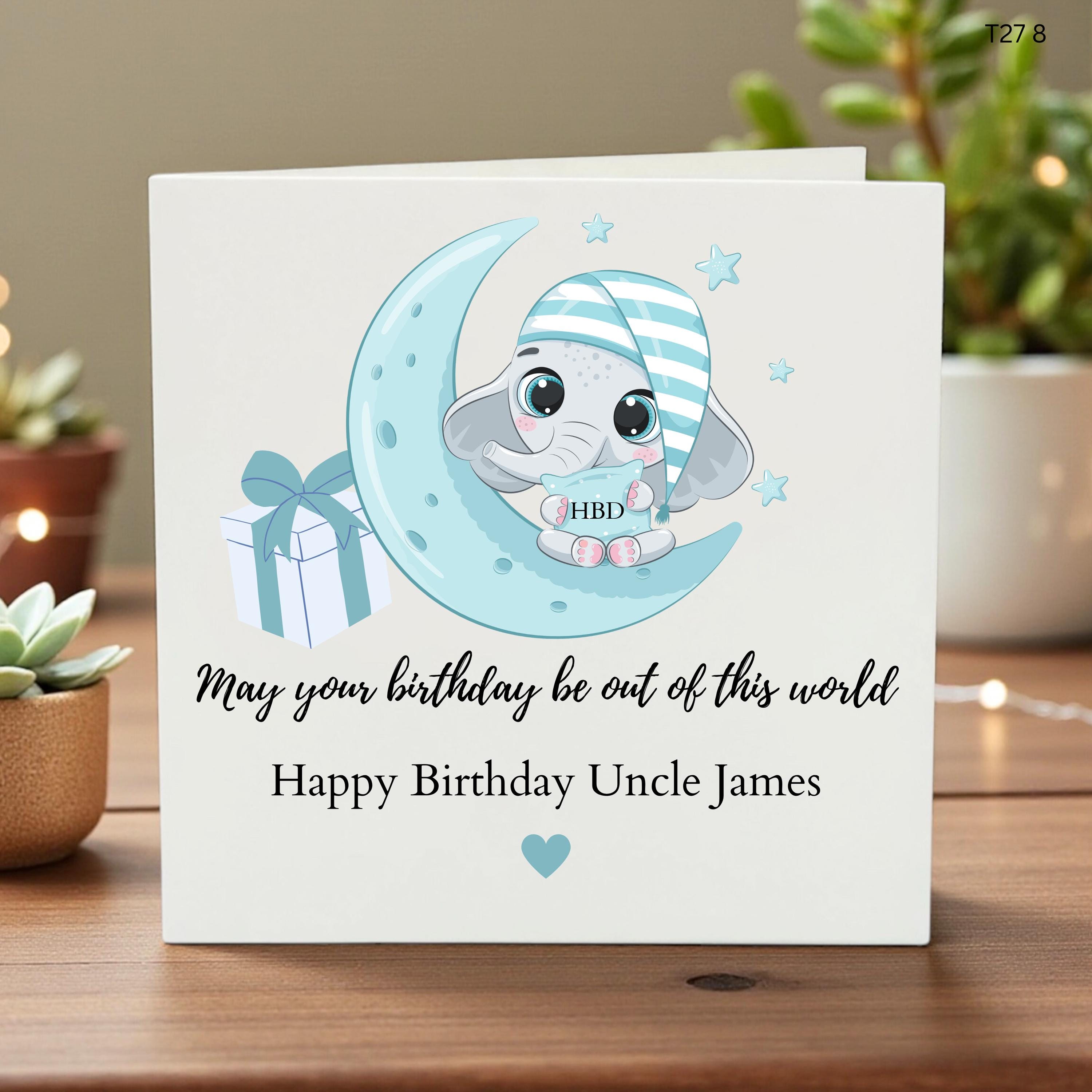 Personalized Happy Birthday Uncle Card, Cute Elephant on Moon Birthday Gift, Custom Name Uncle Birthday Card, Out Of This World Birthday