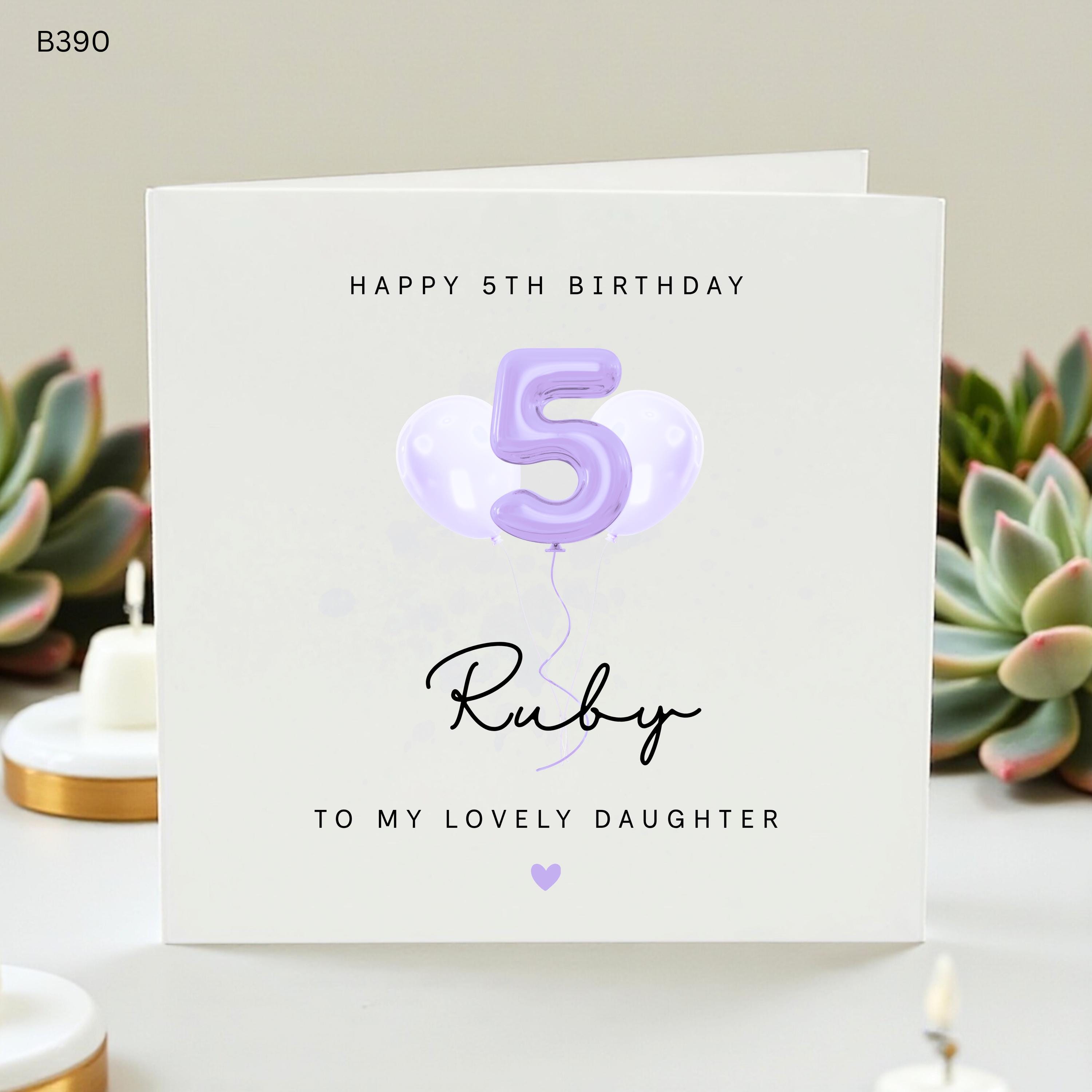 Personalised 5th Birthday Card for Daughter, Custom Girl Fifth Birthday Card, Purple Balloon Minimalist 5 Year Old Greeting , Happy Birthday