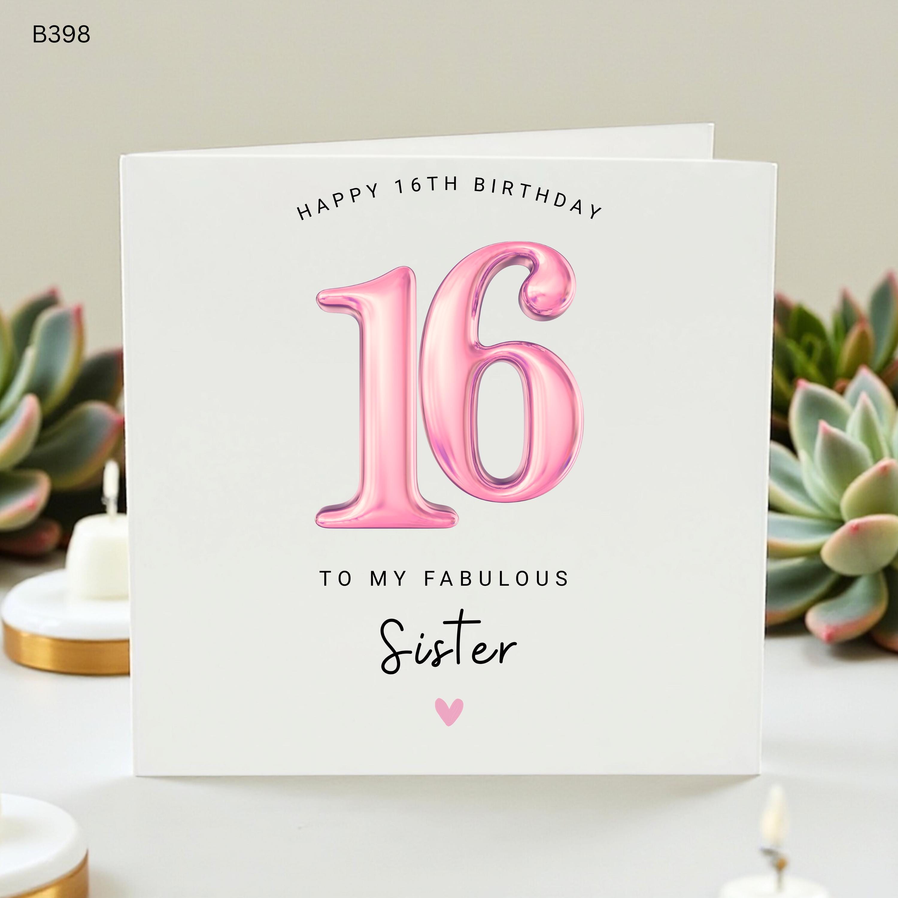 Personalised 16th Birthday Card for Sister, Sweet Sixteen Greeting Card for Her, Pink Metallic Balloon Number 16 Card for Daughter, Special