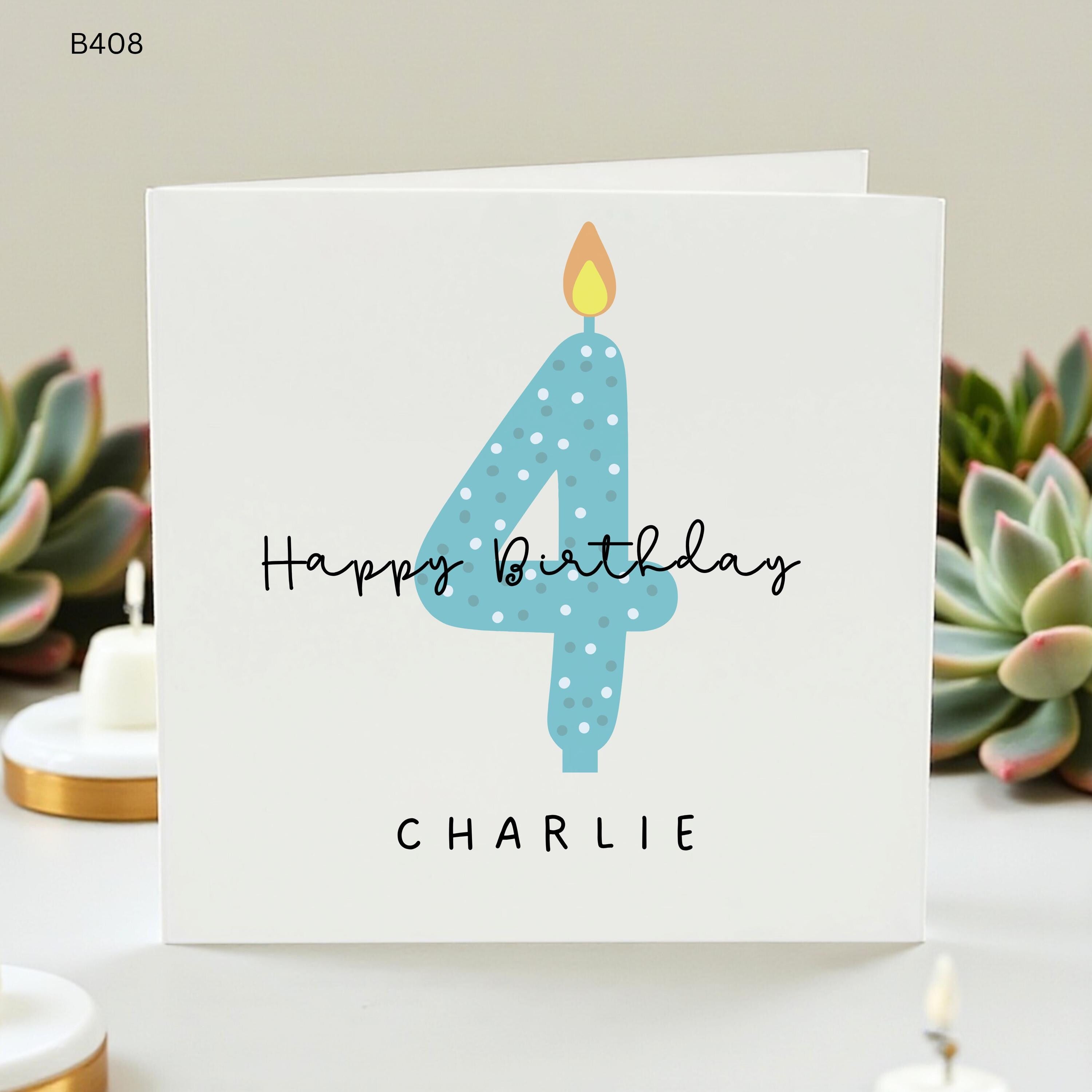 Personalized 4th Birthday Card for Boys, Custom Fourth Birthday Card Charlie, Blue Polka Dot Number 4 Candle Card, Four Year Old Birthday