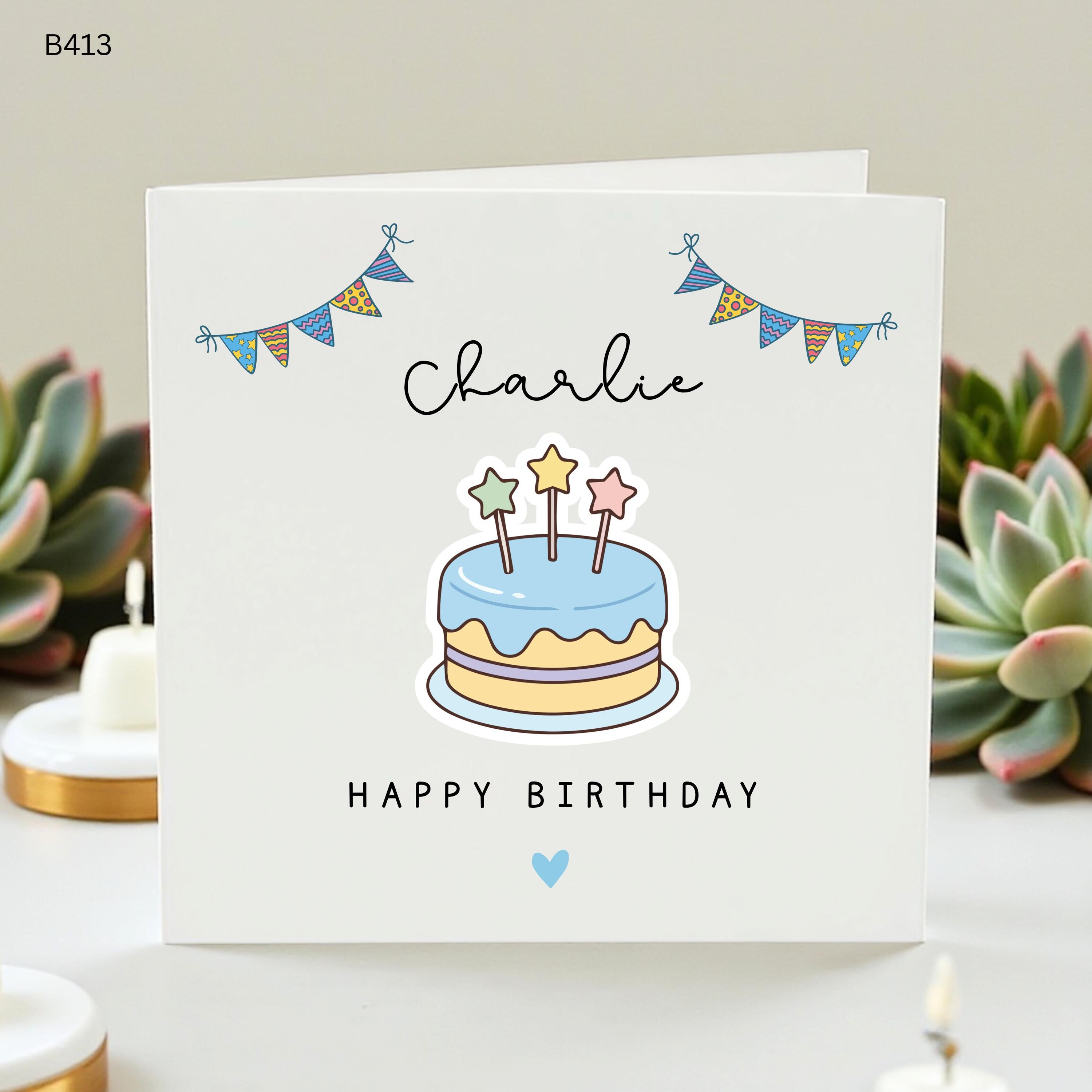 Personalized Birthday Card for Boys, Custom Name Birthday Card, Cute Blue Cake Greeting Card, Kids Birthday Card with Bunting, Card for Son