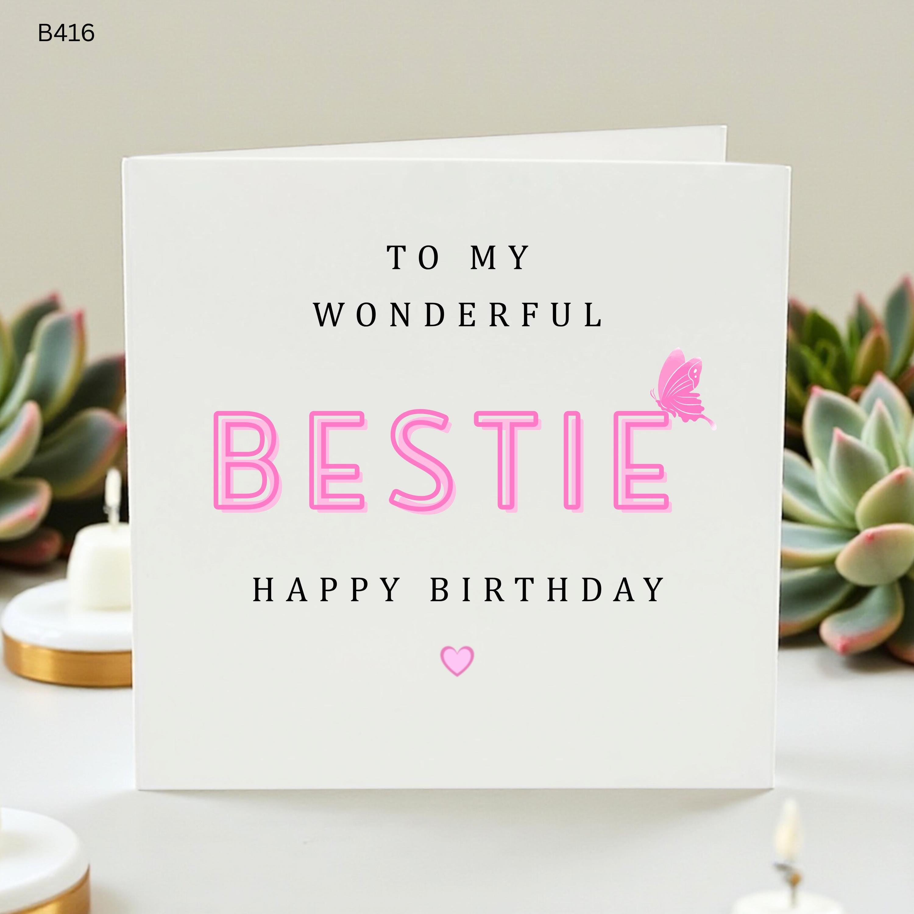 To My Wonderful Bestie Birthday Card, Pink Butterfly Best Friend Birthday Gift Happy Birthday Card for Bestie, Cute Friendship Greeting Card