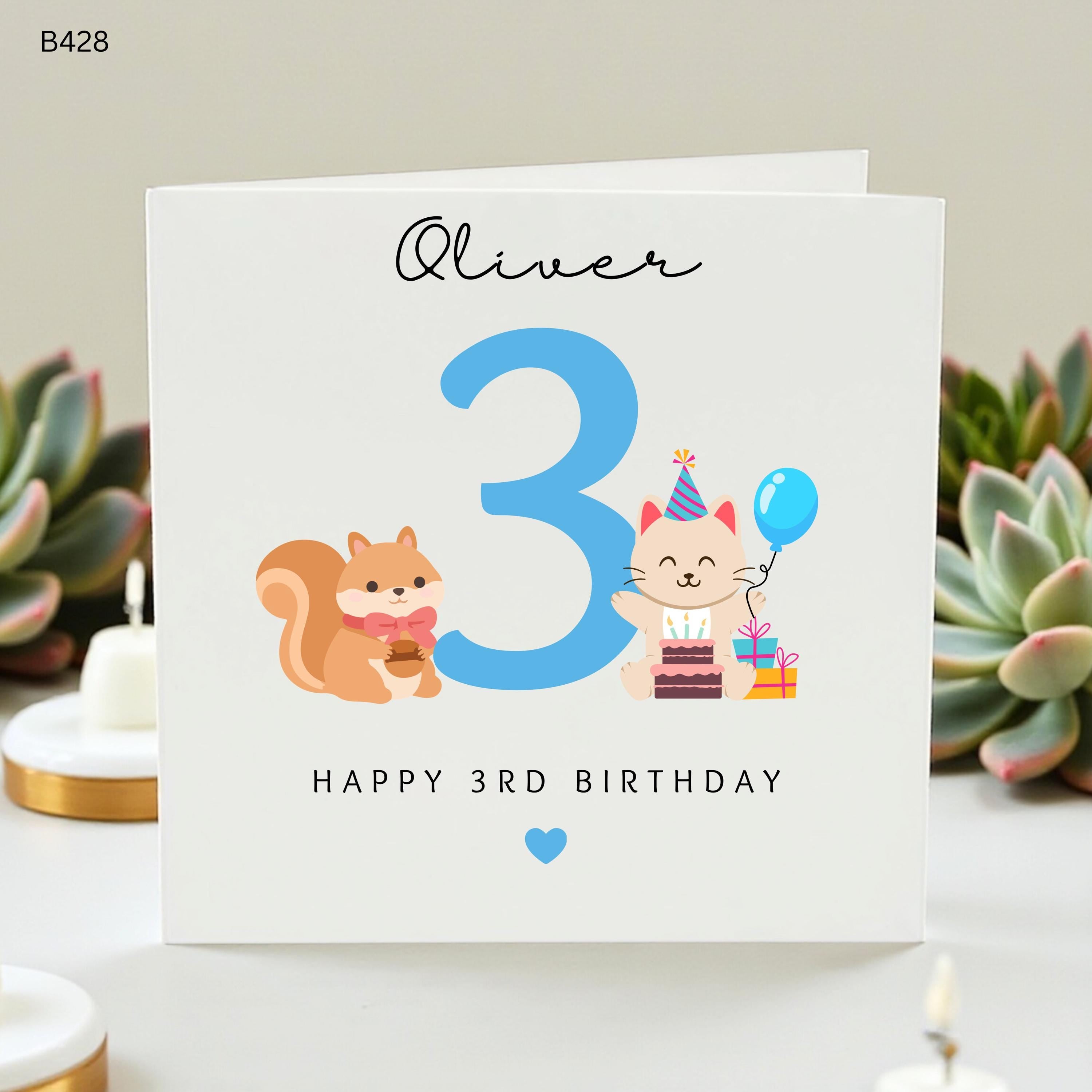 Personalized 3rd Birthday Card for Boy, Custom Age 3 Birthday Card, Happy 3rd Birthday Oliver, Cute Animal Birthday Card Son, Three Today