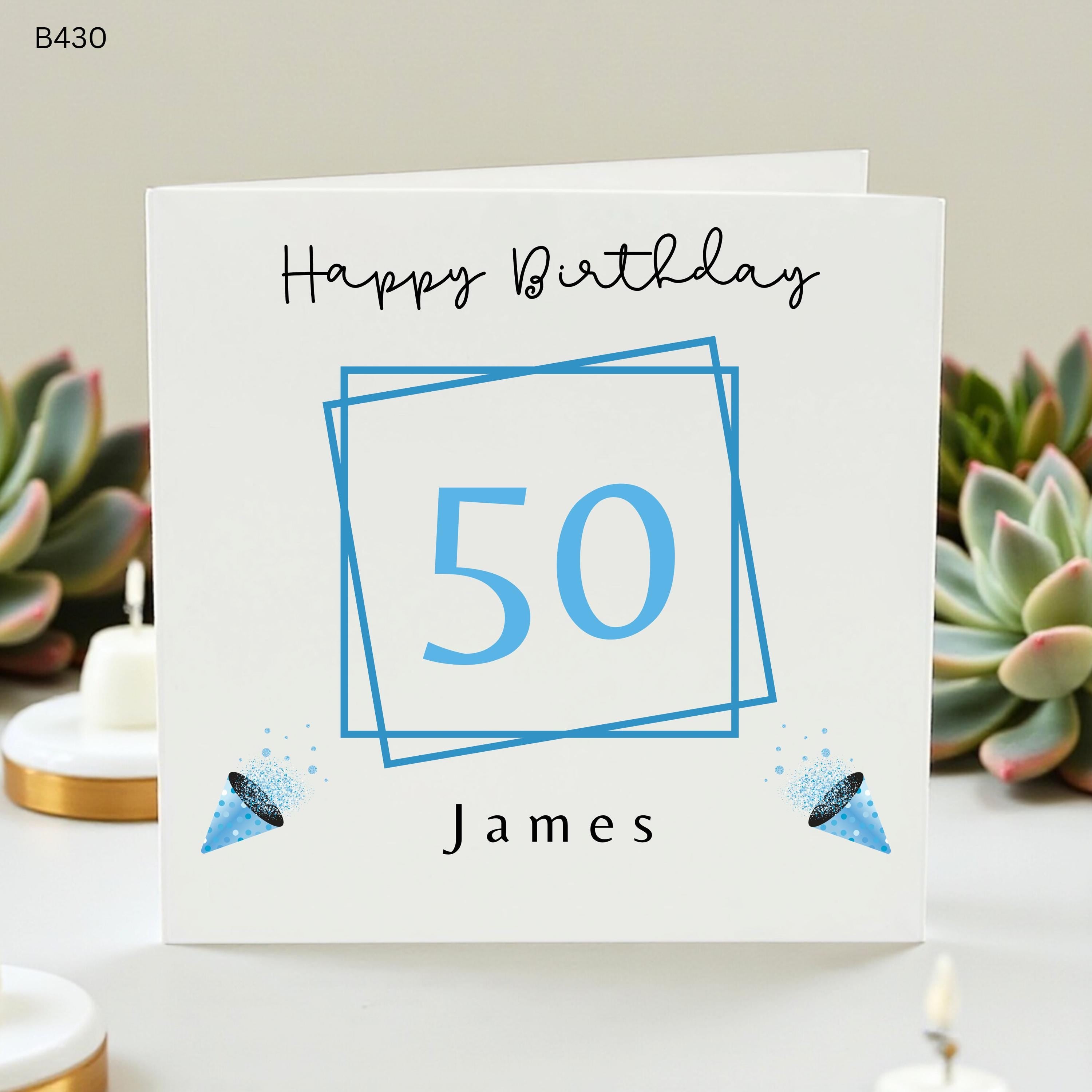 Personalized 50th Birthday Card for Him, Custom Name Happy Fiftieth Birthday Card, Blue Minimalist Milestone Card for Dad, Husband, Brother