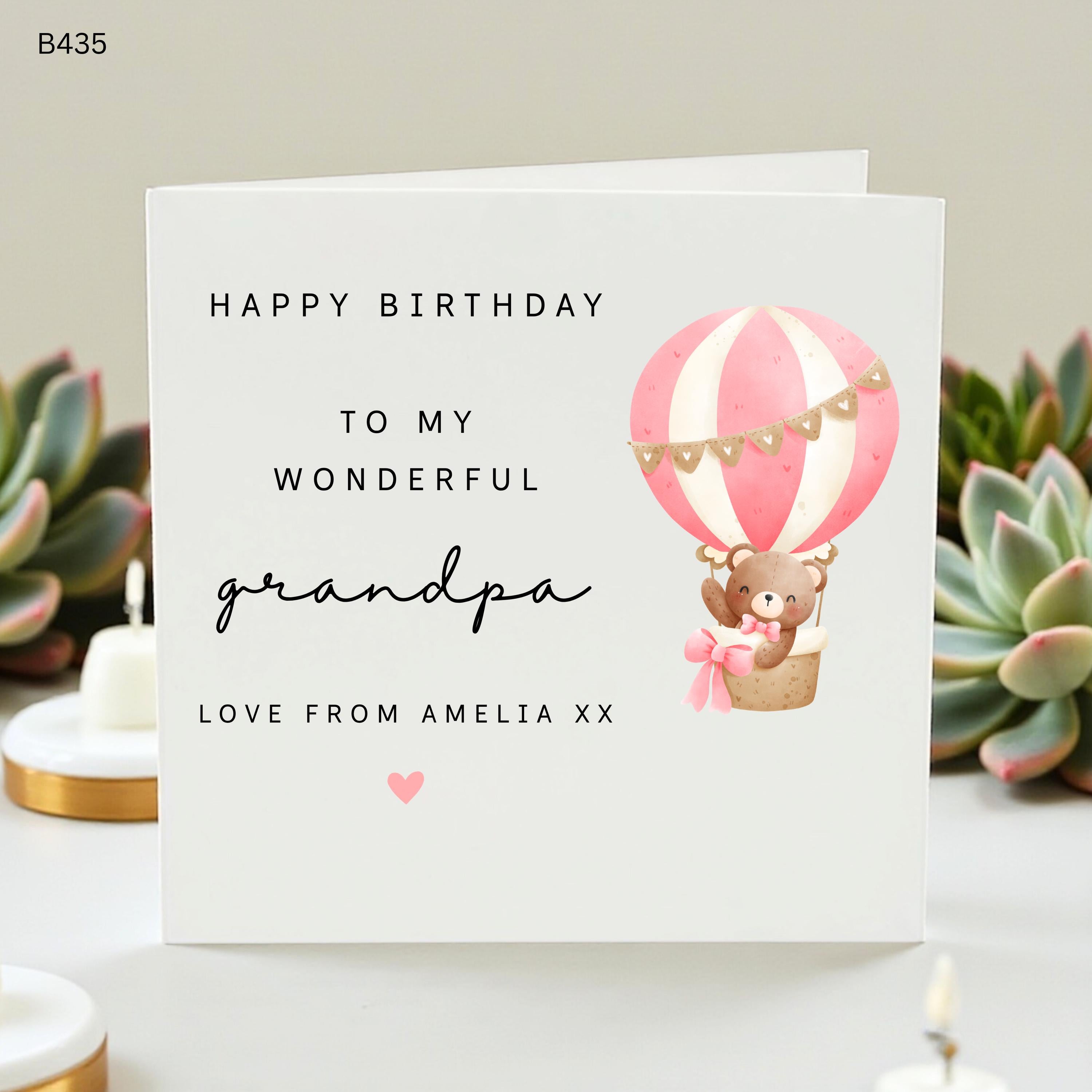 Personalized Grandpa Birthday Card from Granddaughter, Custom Name Happy Birthday Grandad Card, Cute Teddy Bear Hot Air Balloon Card