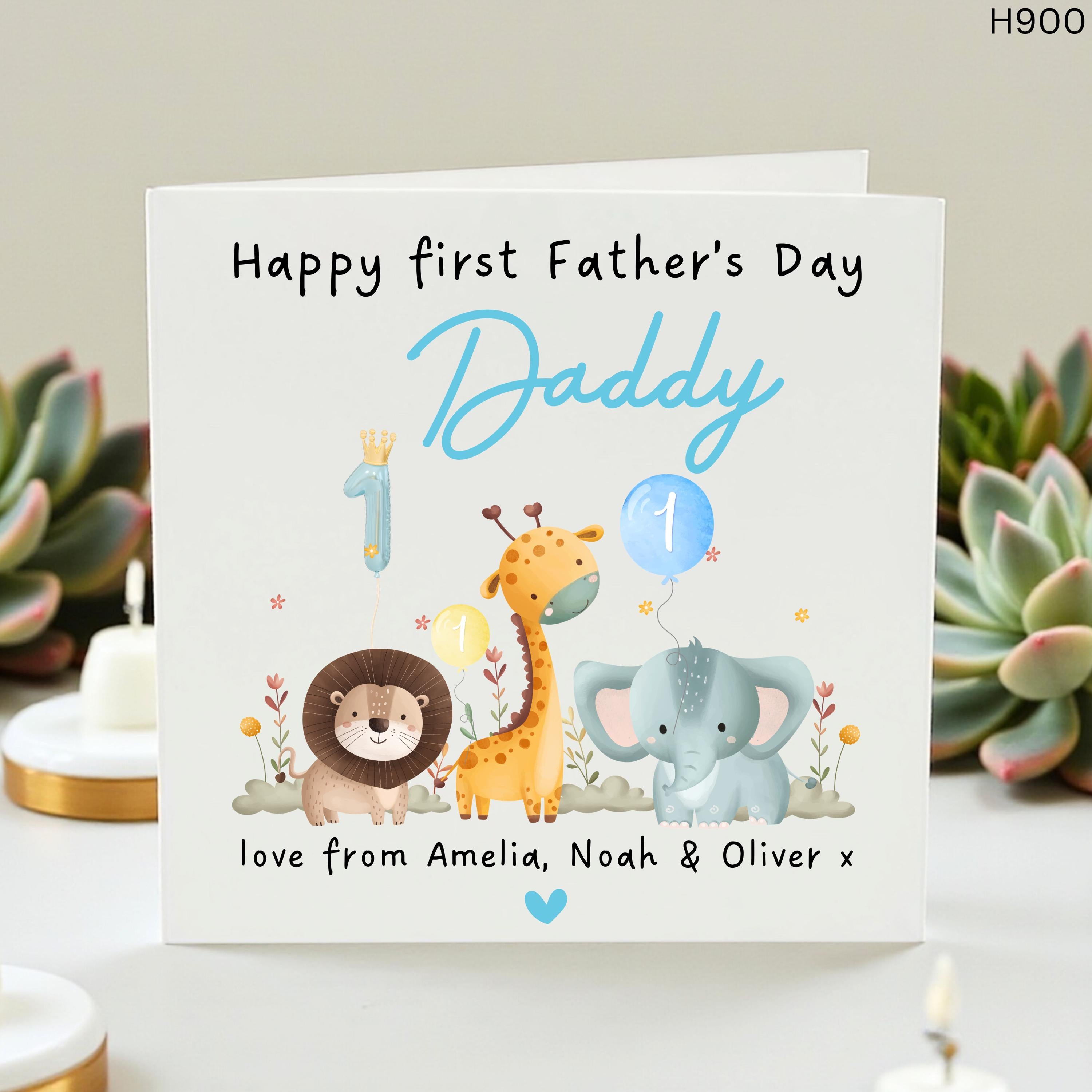 First Fathers Day Card from Kids, Personalized 1st Father’s Day Card for Daddy, New Dad Gift from Children, Lion Giraffe Elephant Card