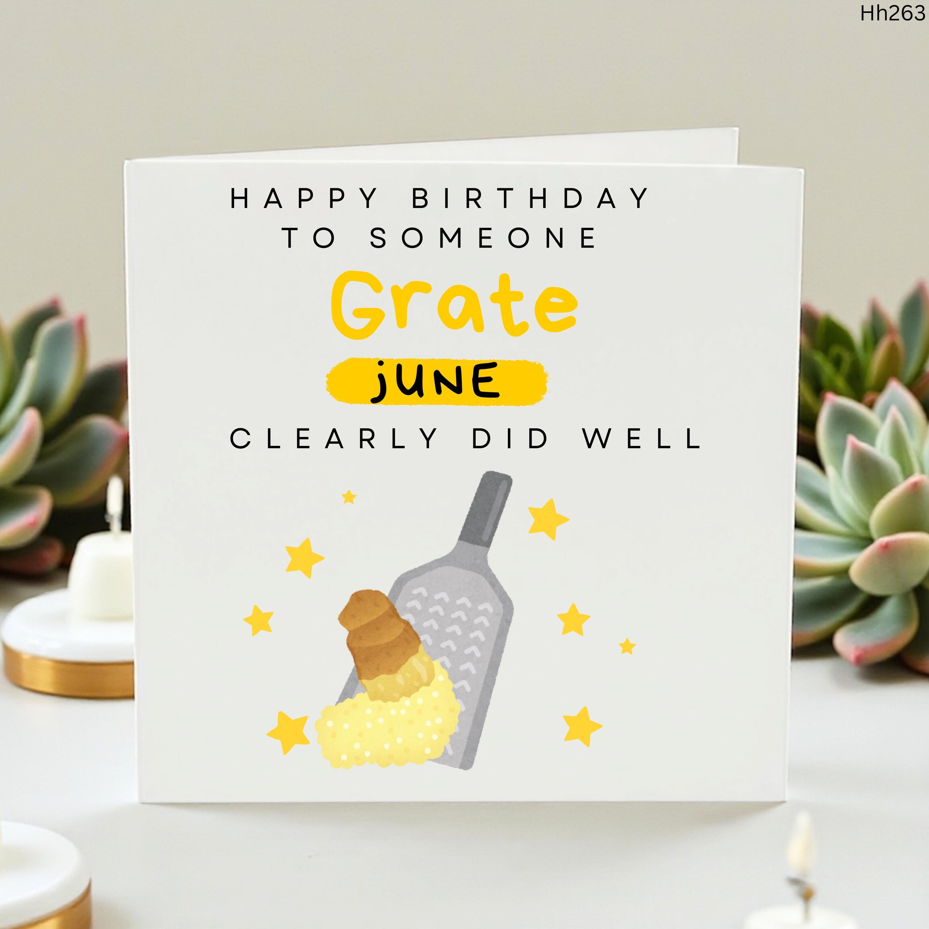 June Birthday Card, Funny Grate Birthday Card, Personalised Name Card for Her, Foodie Pun Card, Kitchen Humour Birthday Card