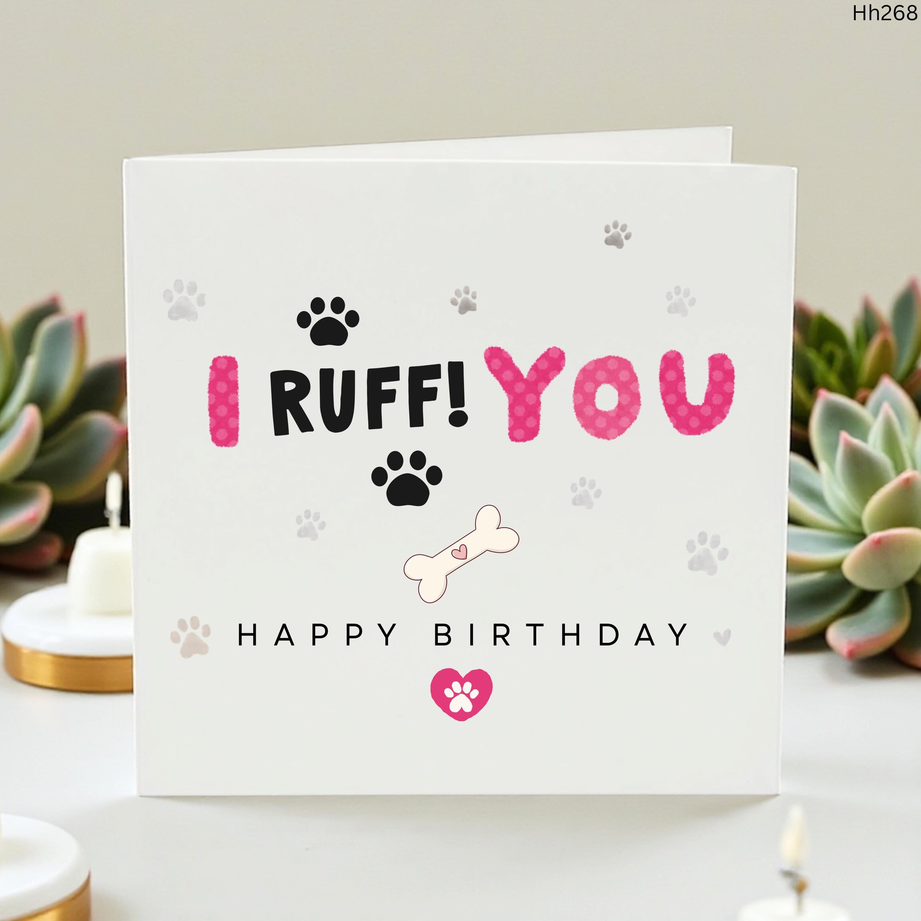 Funny Dog Birthday Card, I Ruff You Card, Cute Puppy Pun Card for Him Her, Dog Lover Birthday Card, Paw Print Pet Greeting Card