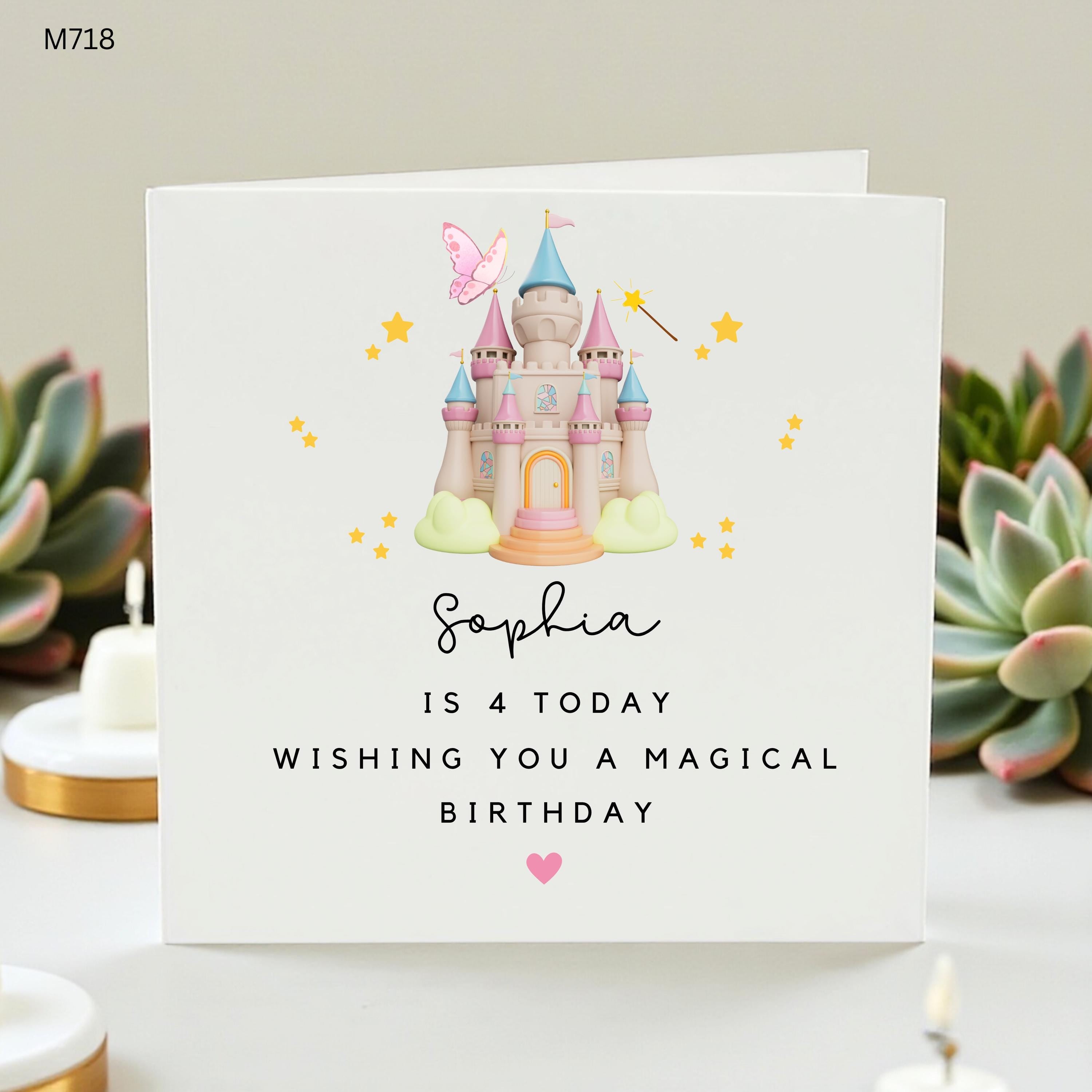 Personalised 4th Birthday Card For Girl, Princess Castle Birthday Card, Magical Fairy Card For Daughter Granddaughter Niece Age 4
