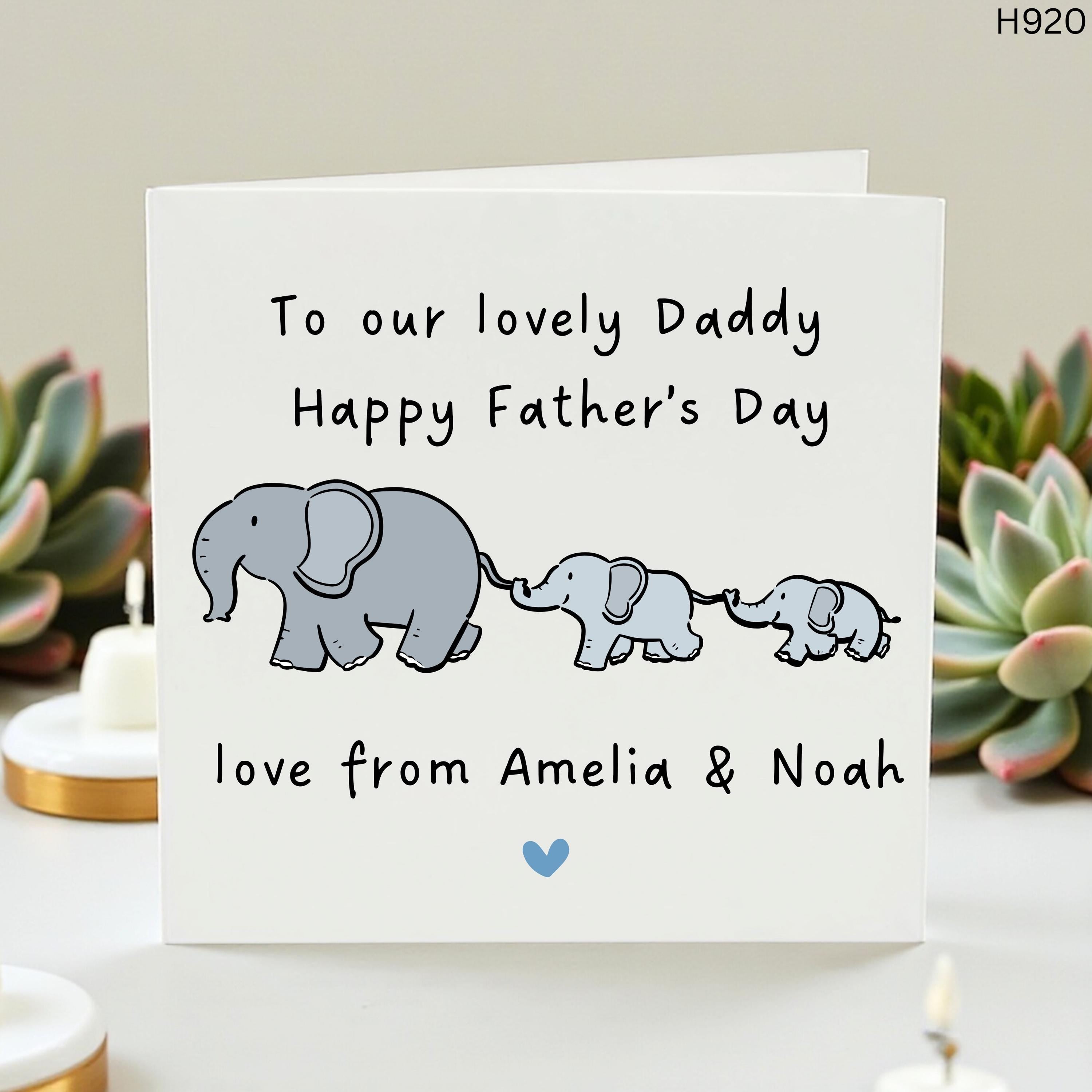 Personalized Elephant Father's Day Card for Daddy, Custom Name Card from Children, Cute Elephant Birthday Card from Son and Daughter
