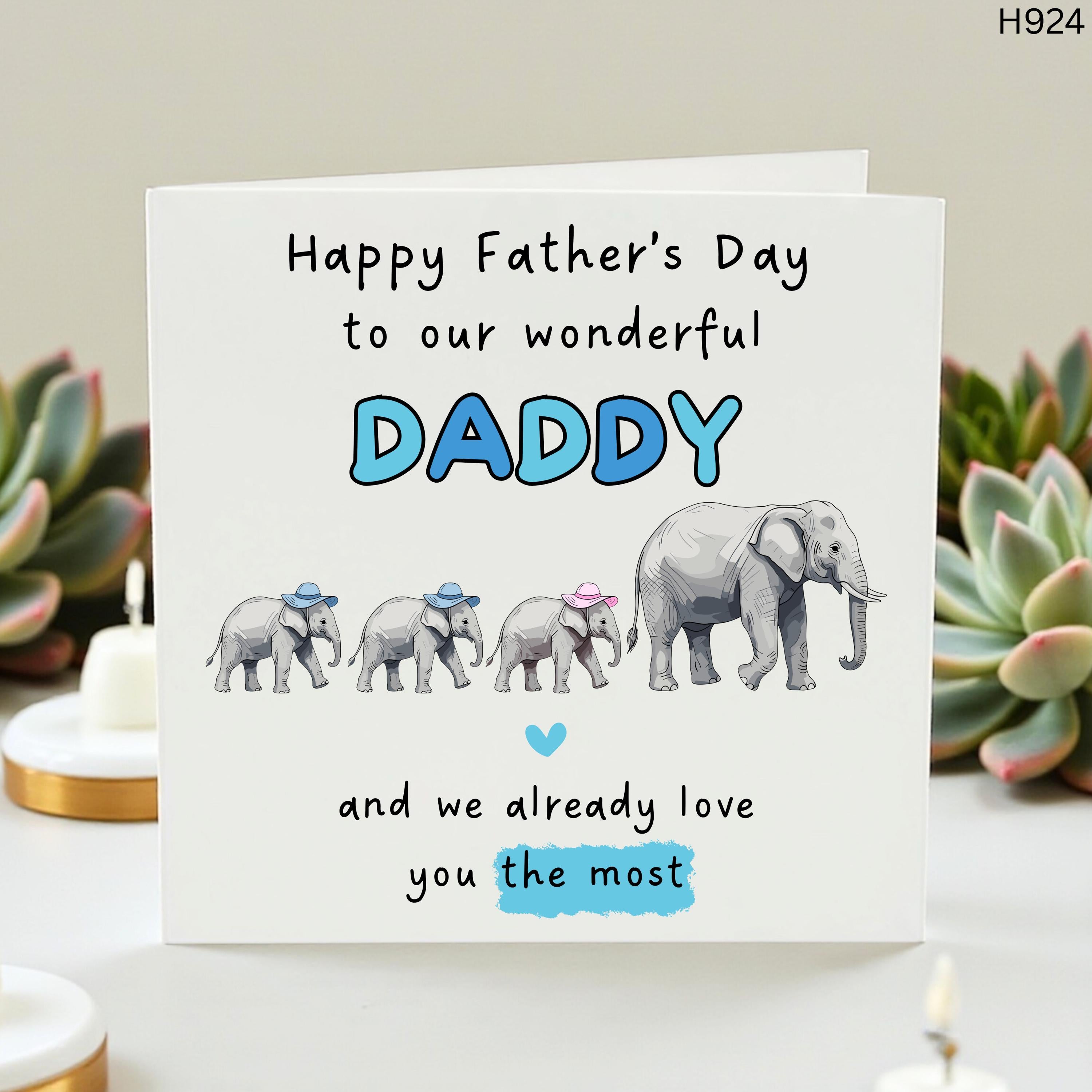 Wonderful Daddy Father's Day Card from the Kids, Elephant Family Card from 3 Children, Cute Elephant Birthday Card for Husband from Kids
