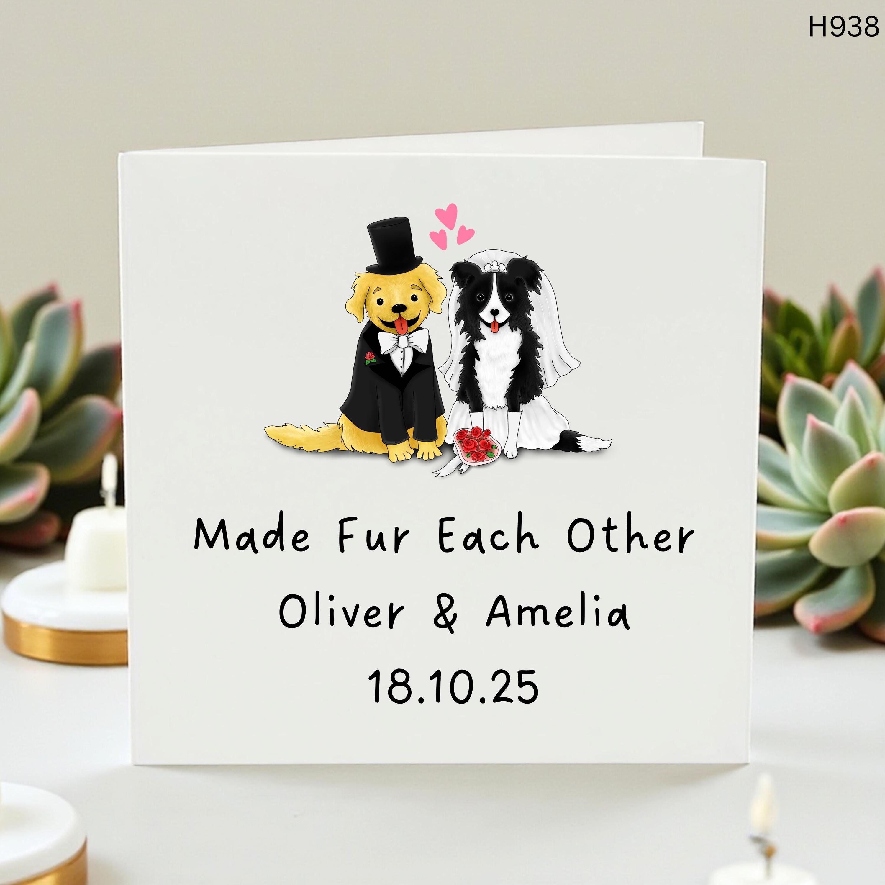 Personalized Made Fur Each Other Wedding Card - Custom Dog Wedding Card with Names and Date - Golden Retriever Border Collie Bride and Groom