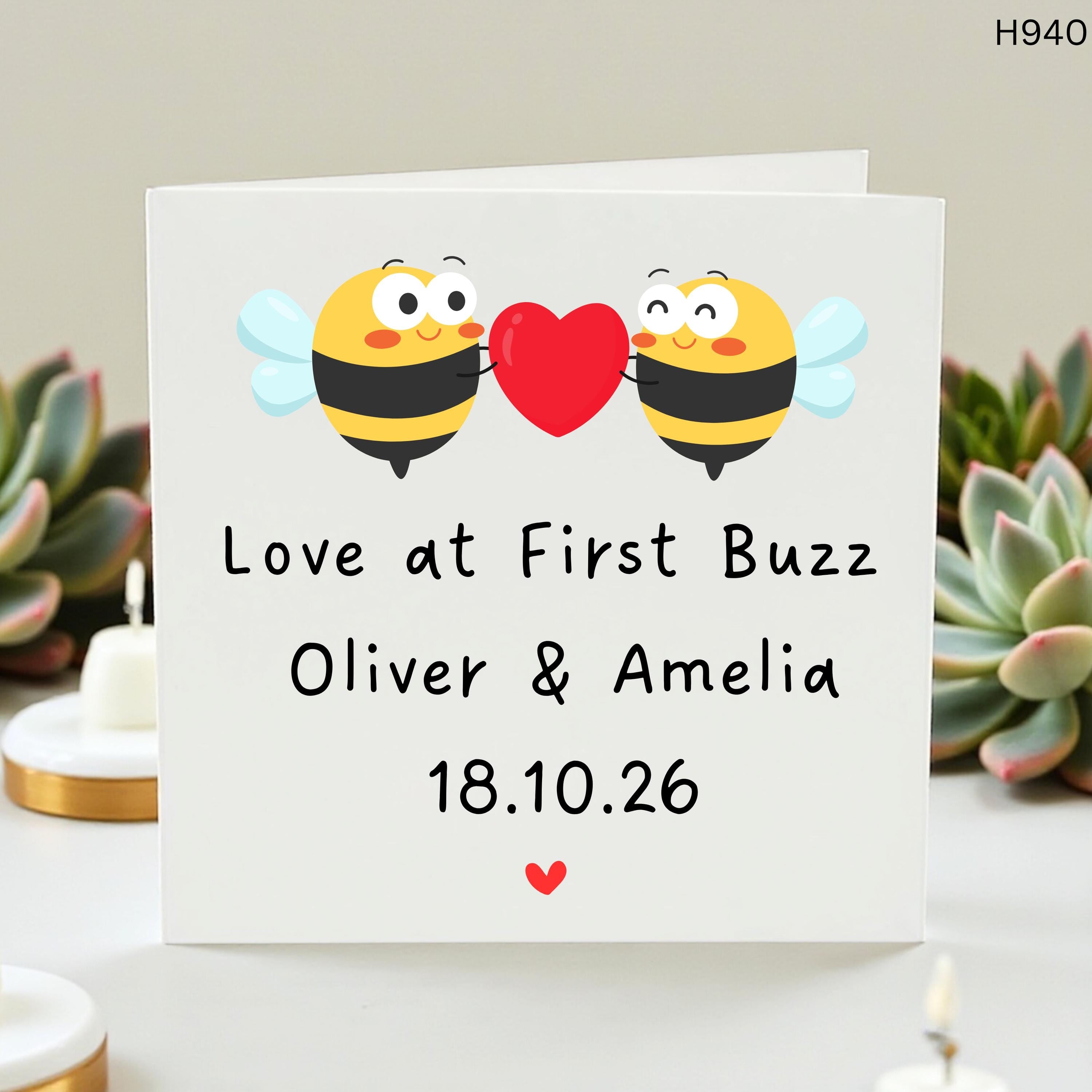 Personalized Love at First Buzz Wedding Card - Custom Bumble Bee Wedding Card with Names & Date - Funny Bee Pun Anniversary or Engagement