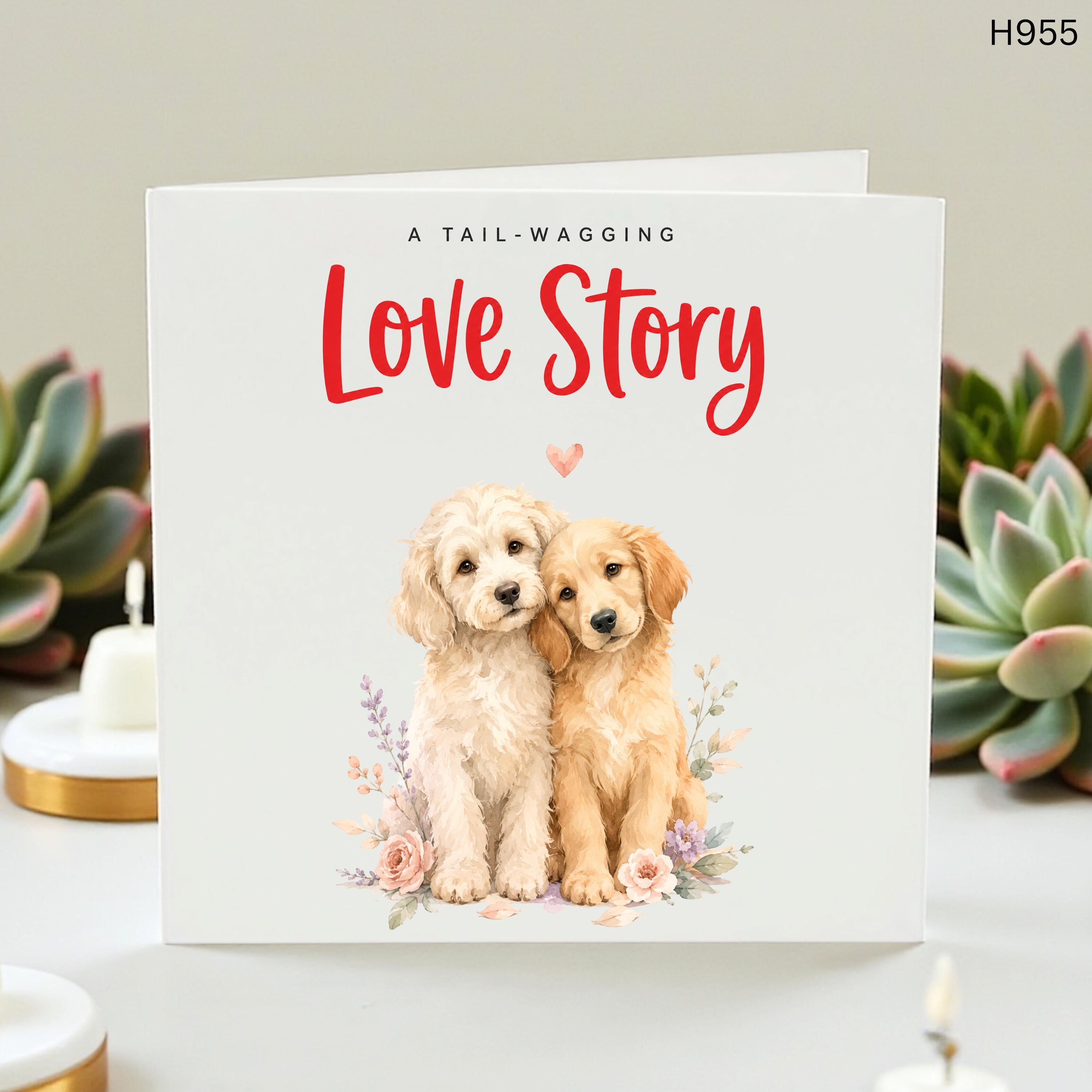 Tail-Wagging Love Story Dog Wedding Card, Watercolor Golden Retriever and Cockapoo Engagement Card, Cute Puppy Anniversary Gift for Couples
