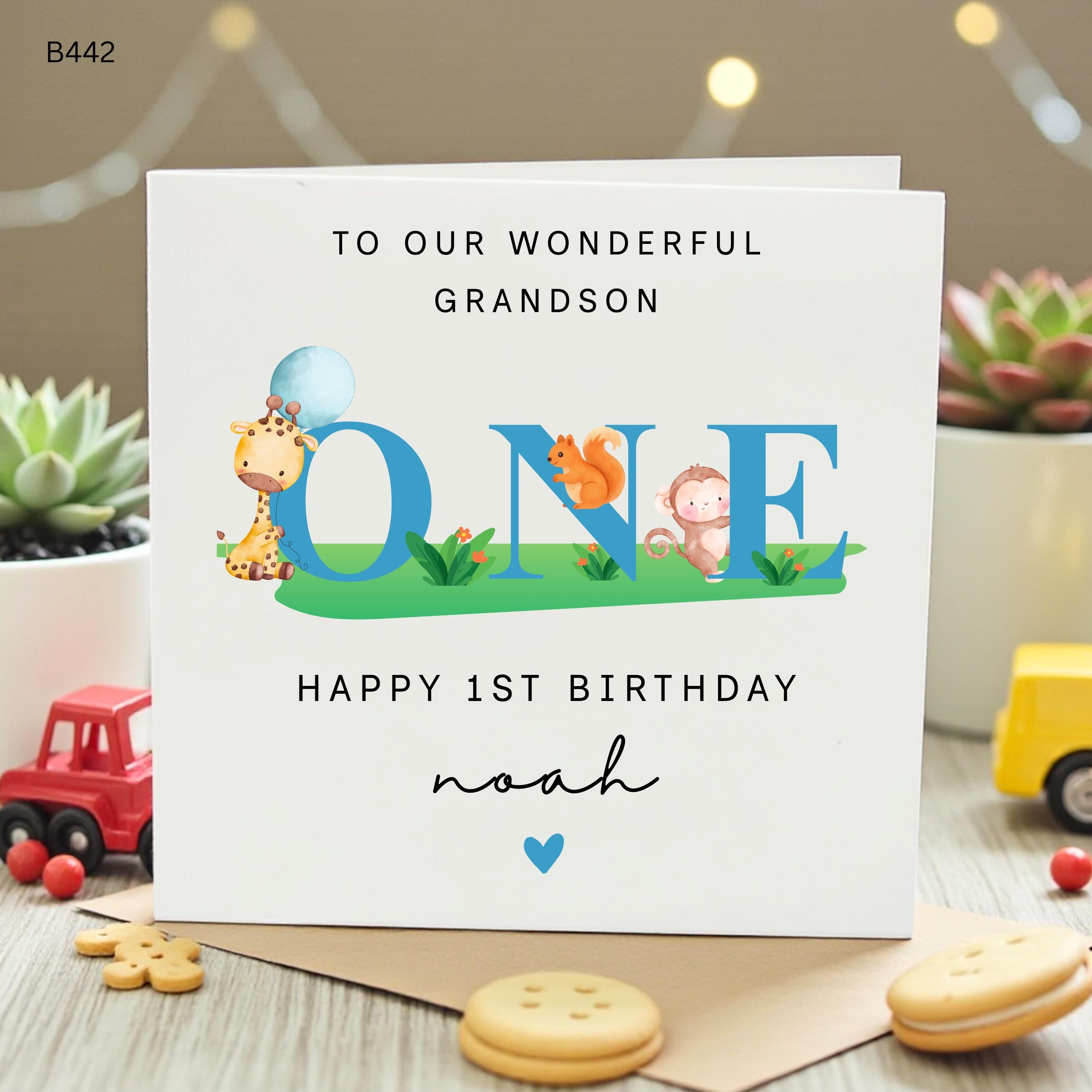 Grandson 1st Birthday Card, Personalised First Birthday Card for Grandson, Safari Animal ONE Birthday Card, Baby Boy Birthday Card