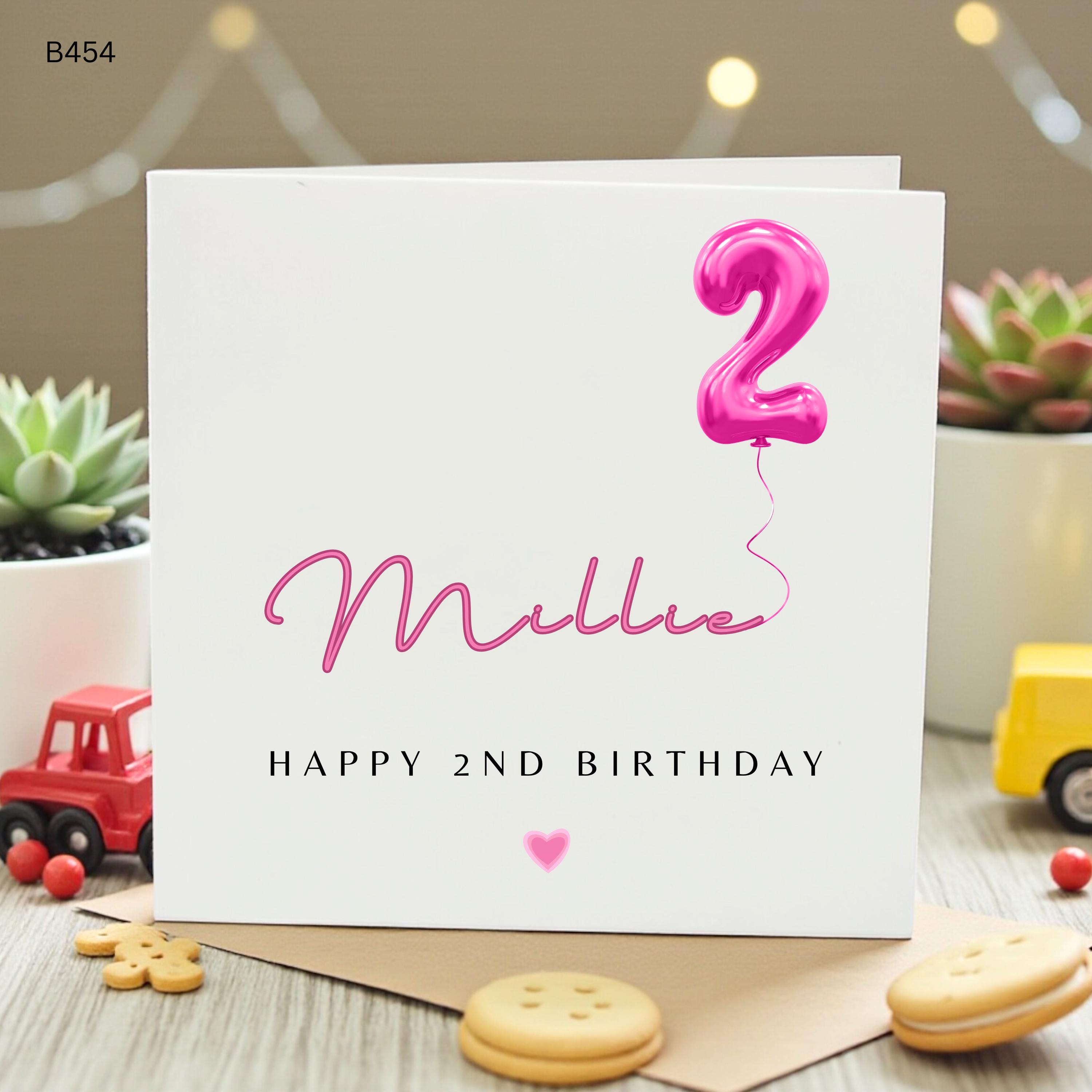 Personalised 2nd Birthday Card for Girl, Pink Number 2 Balloon Card, Custom Name Second Birthday Card for Daughter Granddaughter Niece