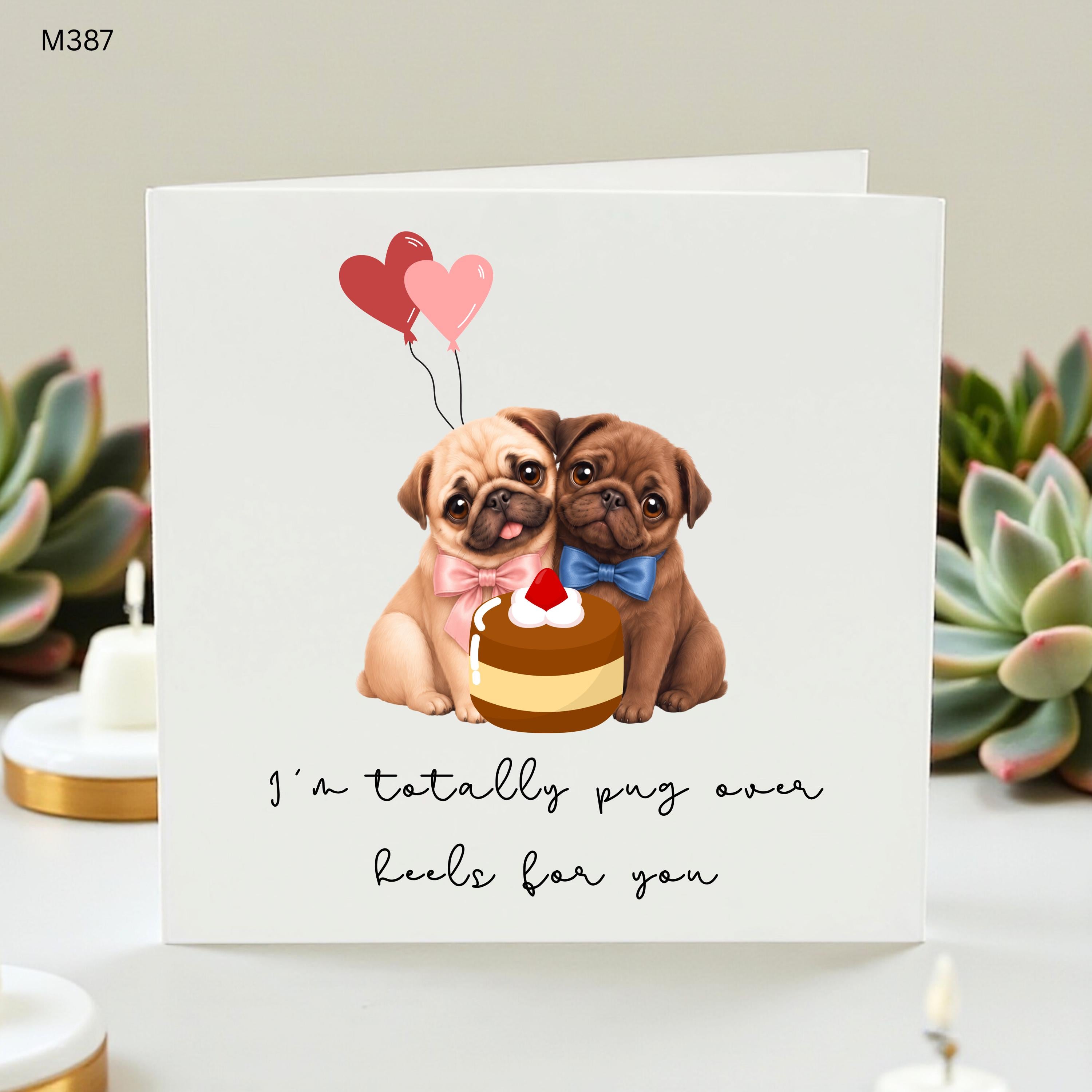 Funny Pug Anniversary Card for Husband Wife, Pug Over Heels Valentine Card for Boyfriend Girlfriend, Cute Dog Pun Greeting Card for Lovers