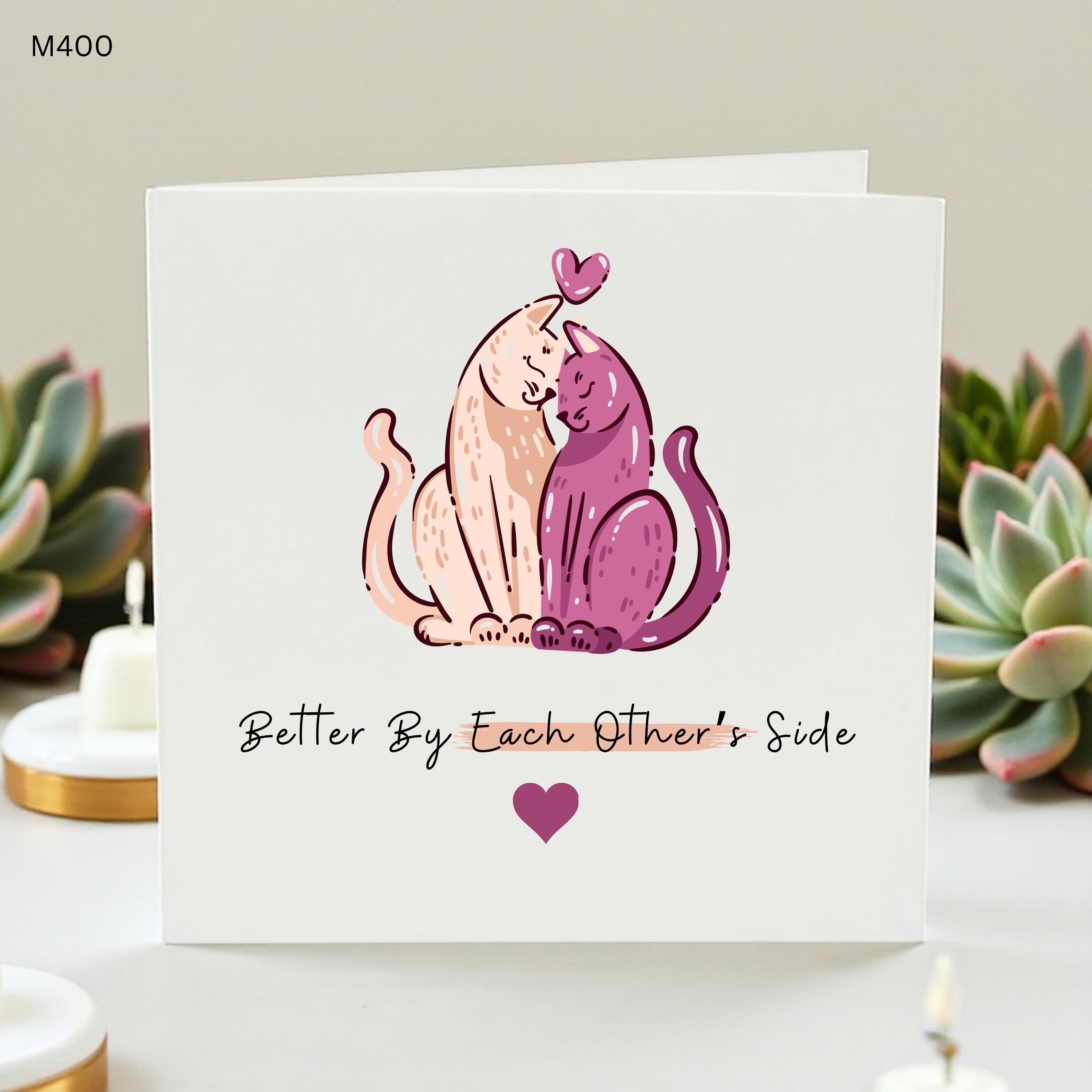 Better By Each Other's Side Cat Card - Cute Anniversary or Wedding Greeting for Cat Lovers - Romantic Hand Drawn Feline Couple Love Card