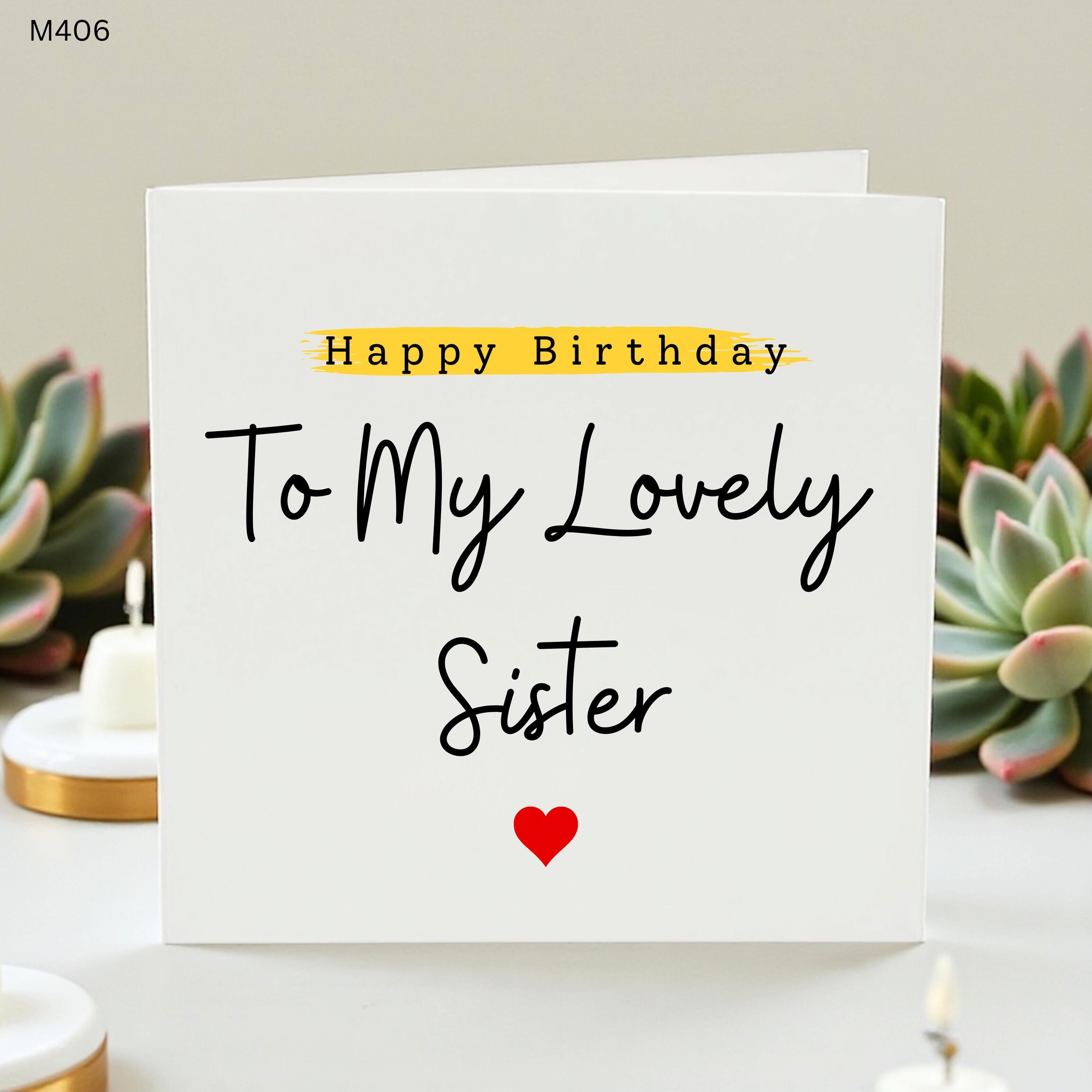 Happy Birthday To My Lovely Sister Card, Elegant Minimalist Birthday Card for Her, Handmade Greeting Card with Red Heart, Sister Gift Idea