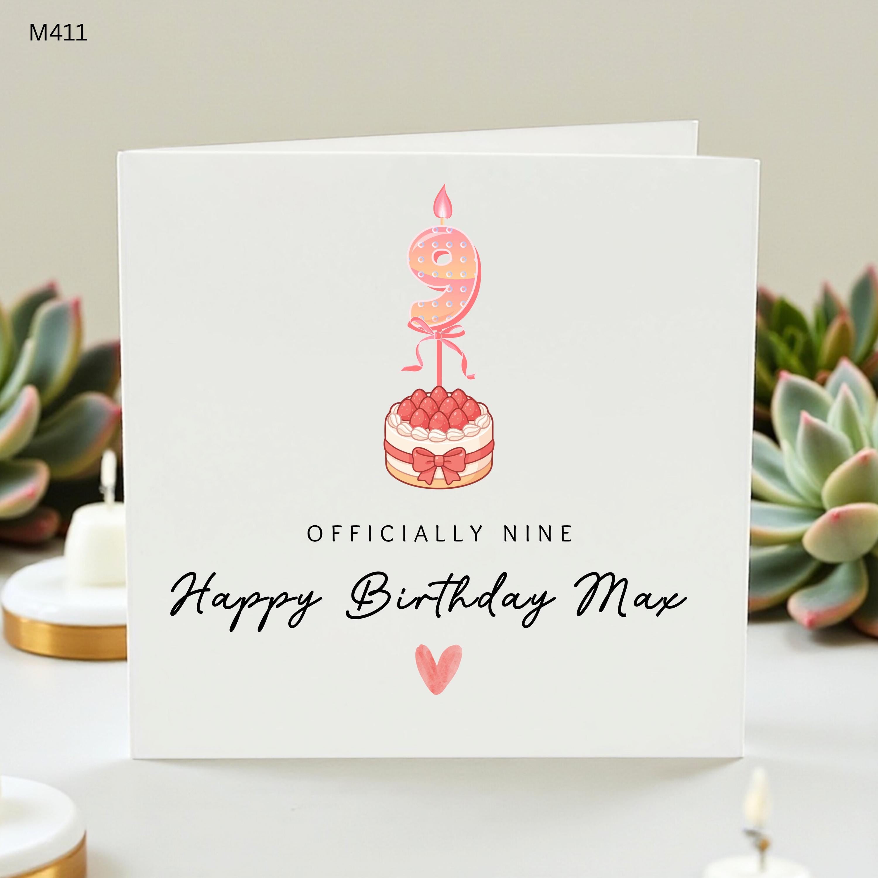 Personalized 9th Birthday Card for Girls, Officially Nine Card with Strawberry Cake, Custom Name Daughter or Niece Age 9 Greeting Card