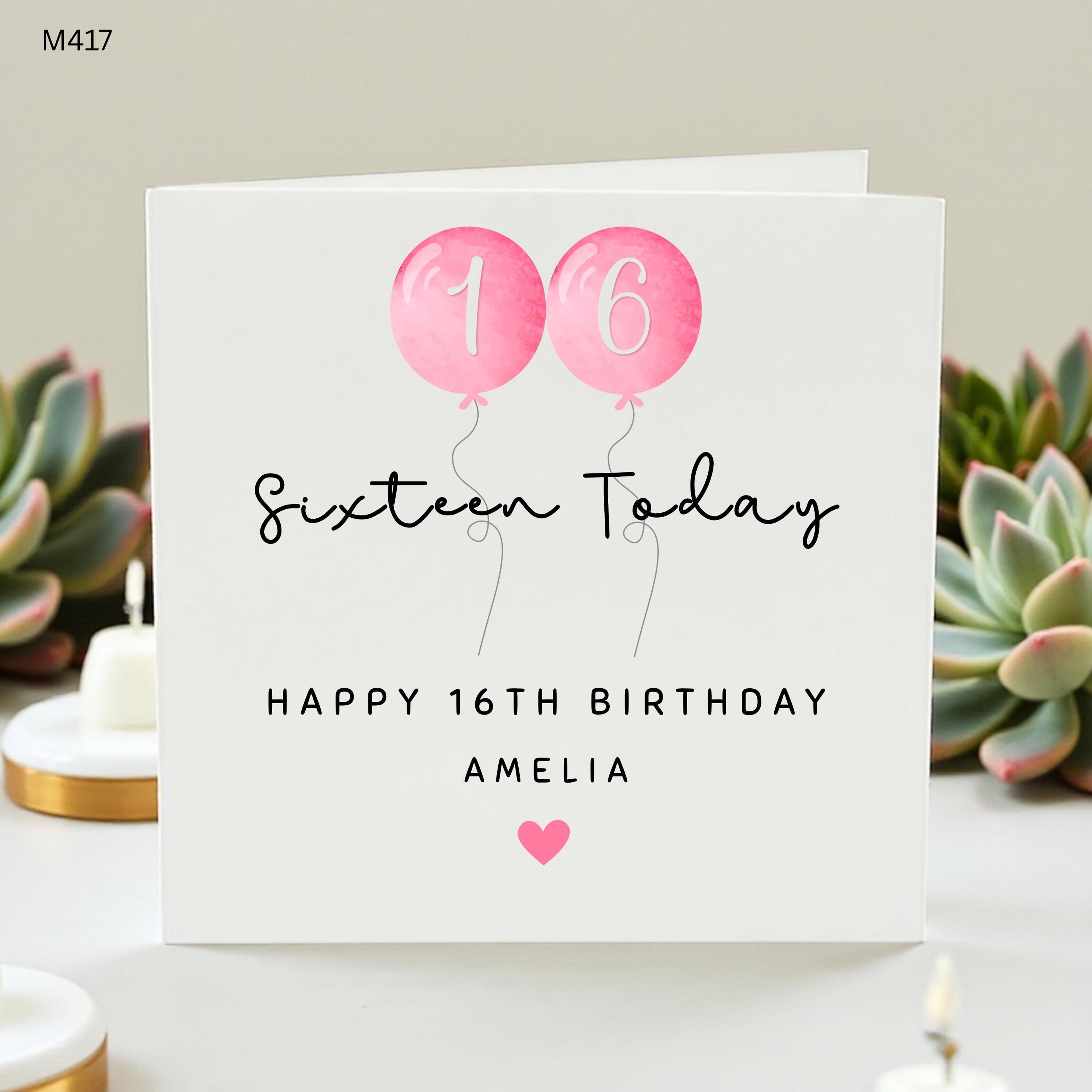 Personalized 16th Birthday Card for Girls, Sweet Sixteen Today Greeting Card with Pink Balloons, Custom Name Daughter or Niece Age 16 Card