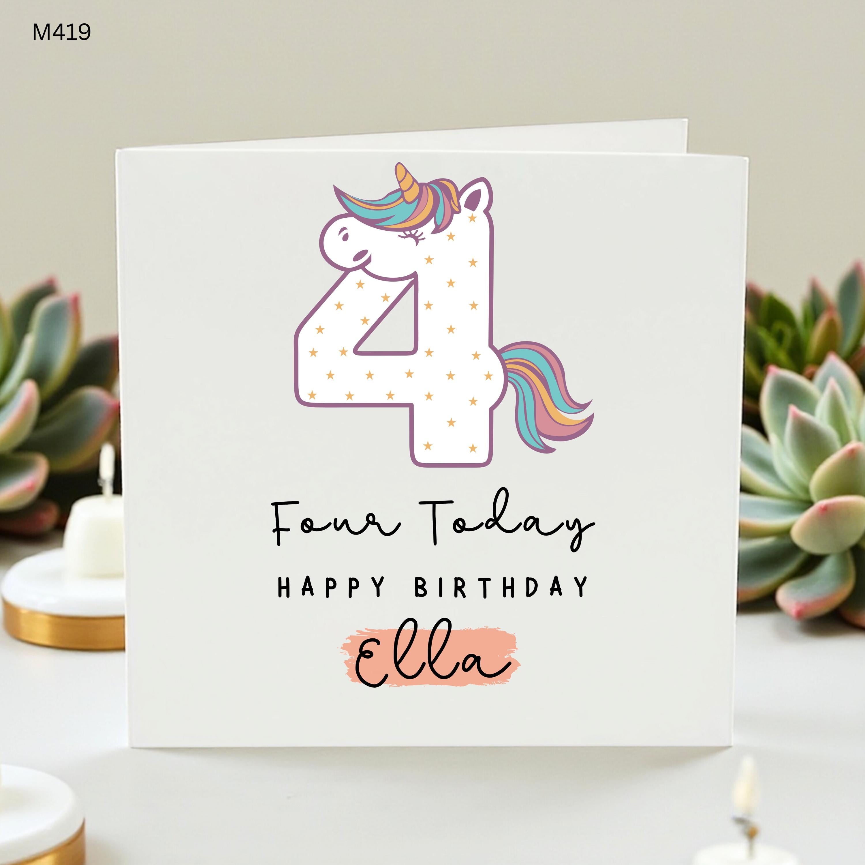 Personalized 4th Birthday Card for Girls, Magical Unicorn Four Today Greeting Card, Custom Name Daughter or Niece Age 4 Birthday Card, Ella