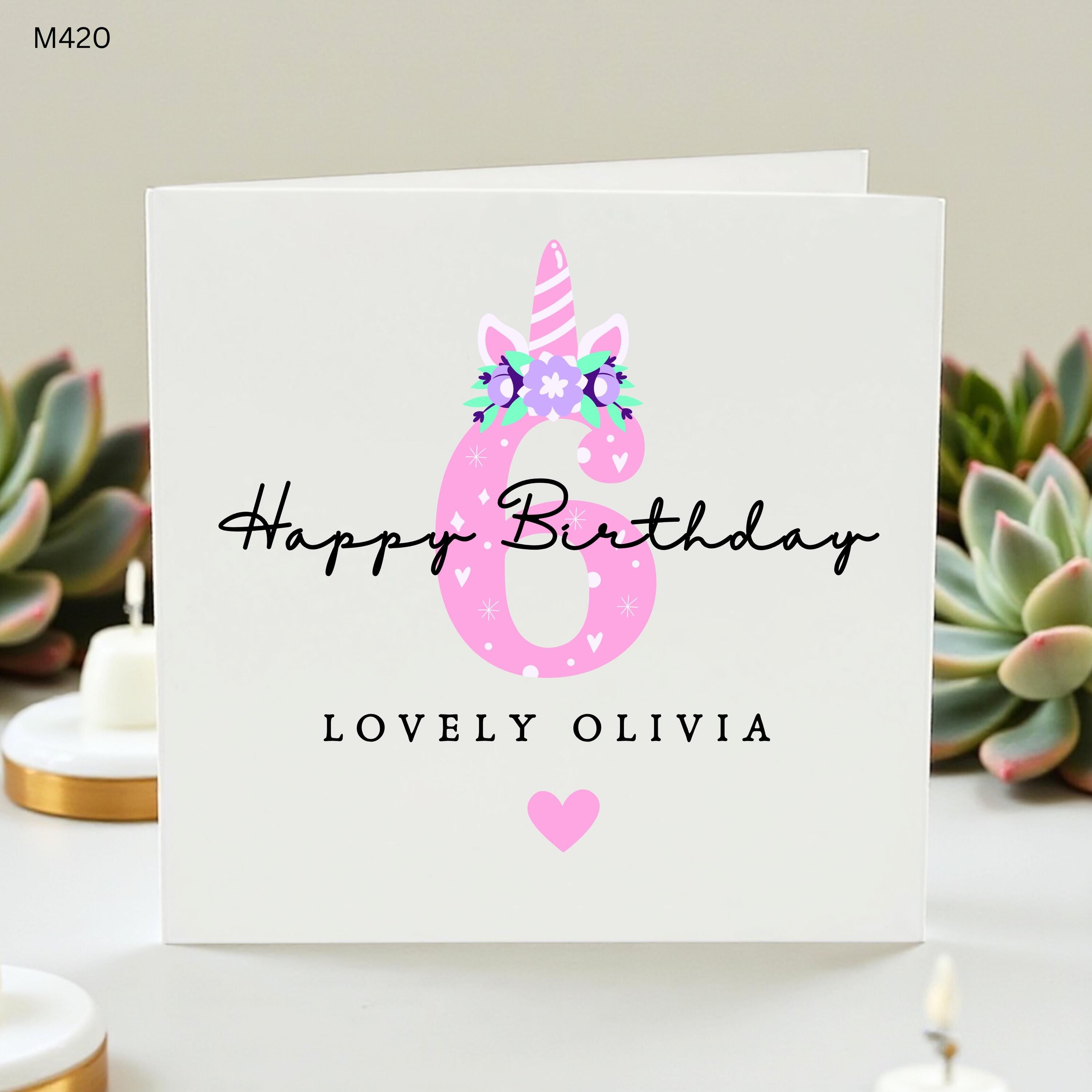 Personalized 6th Birthday Card for Daughter, Custom Unicorn Birthday Card for Age 6, Lovely Olivia Name Card, Magical Unicorn Party Gift
