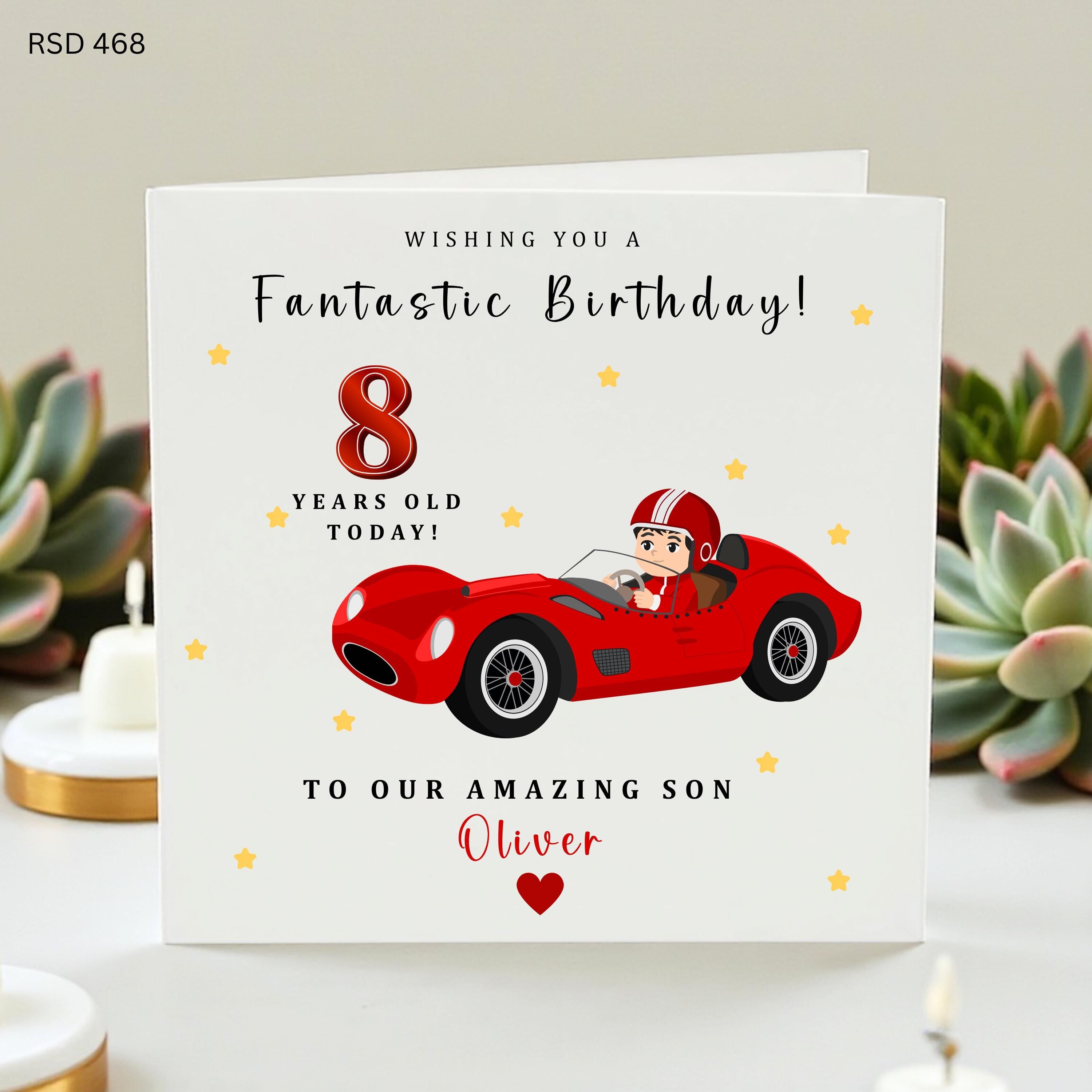 Personalized 8th Birthday Card for Son, Custom Name Race Car Birthday Card for Boy, Wishing You A Fantastic Birthday Amazing Son, Red Racing
