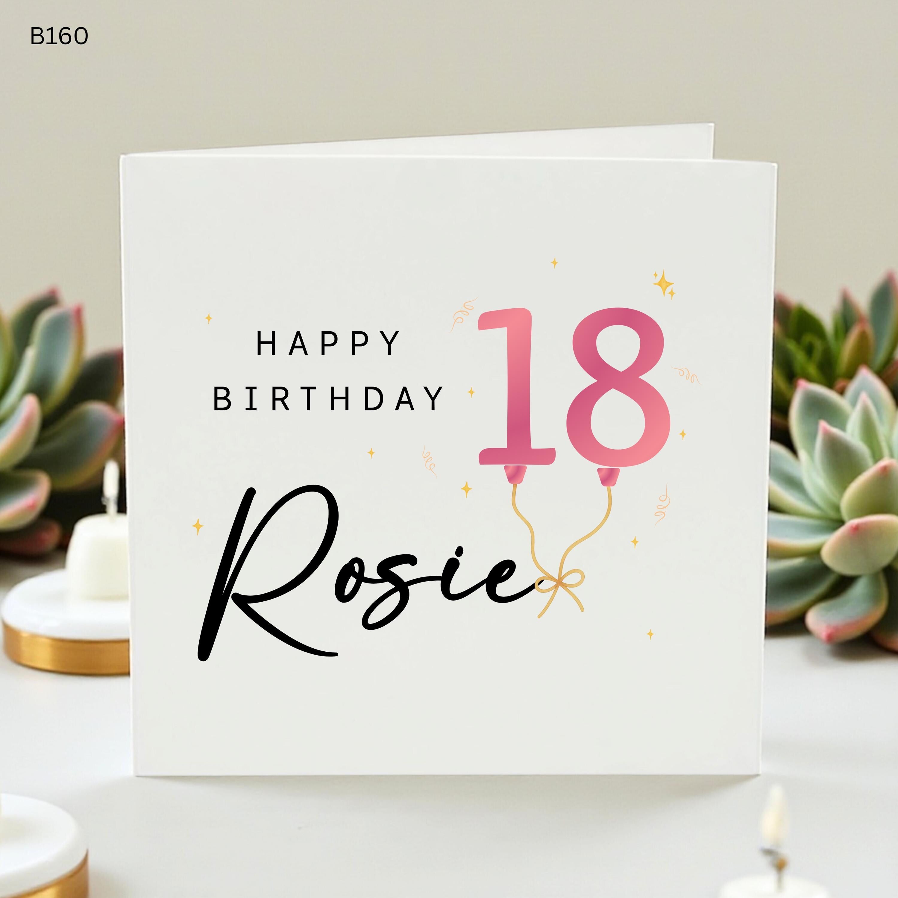 Personalized 18th Birthday Card Rosie, Custom Name Age 18 Card for Her, Happy 18th Birthday Daughter, Pink Balloon Milestone Card for Girl