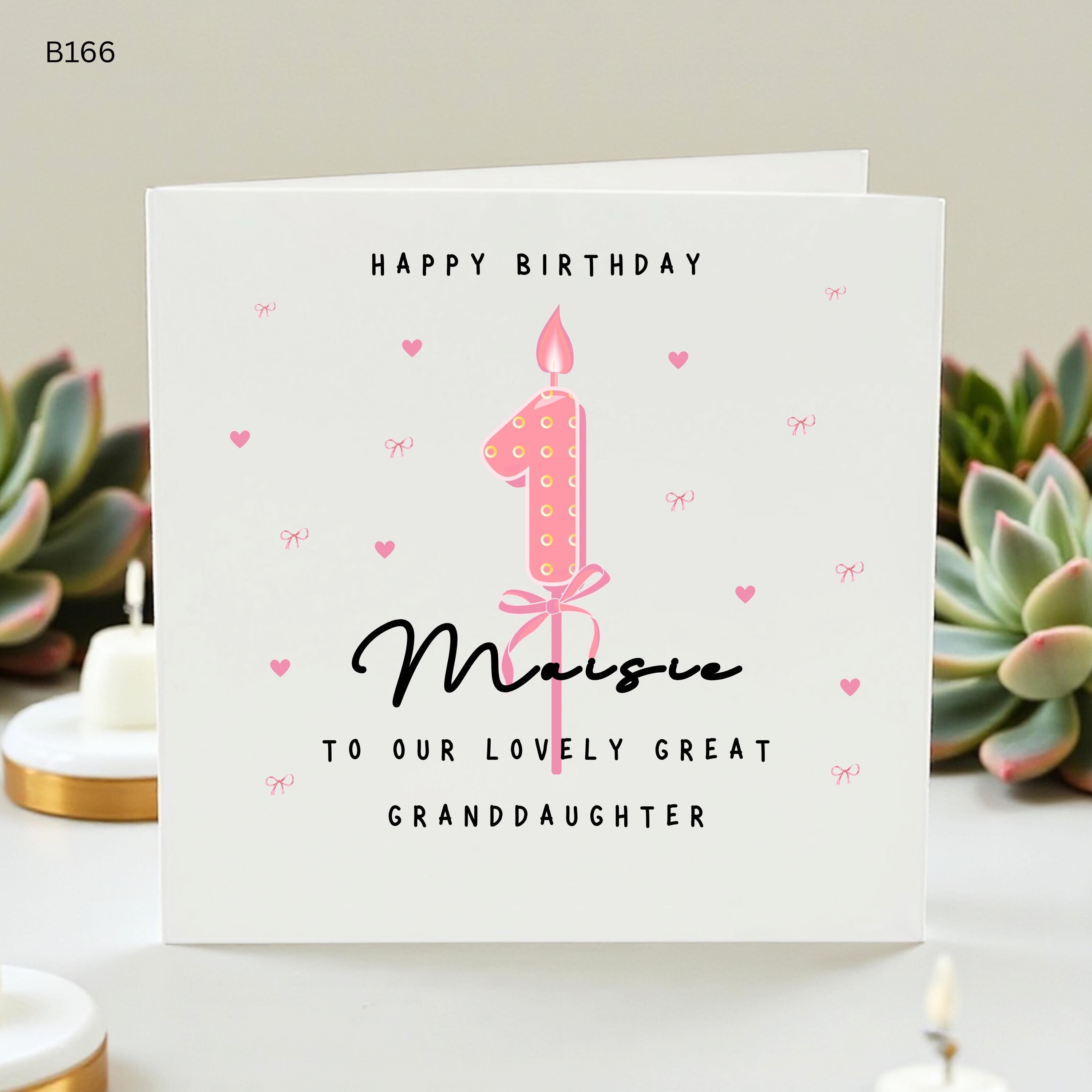 Personalized 1st Birthday Card for Great Granddaughter, Maisie Pink Candle Card, First Birthday Gift for Her Custom Name Age 1 Daughter Card