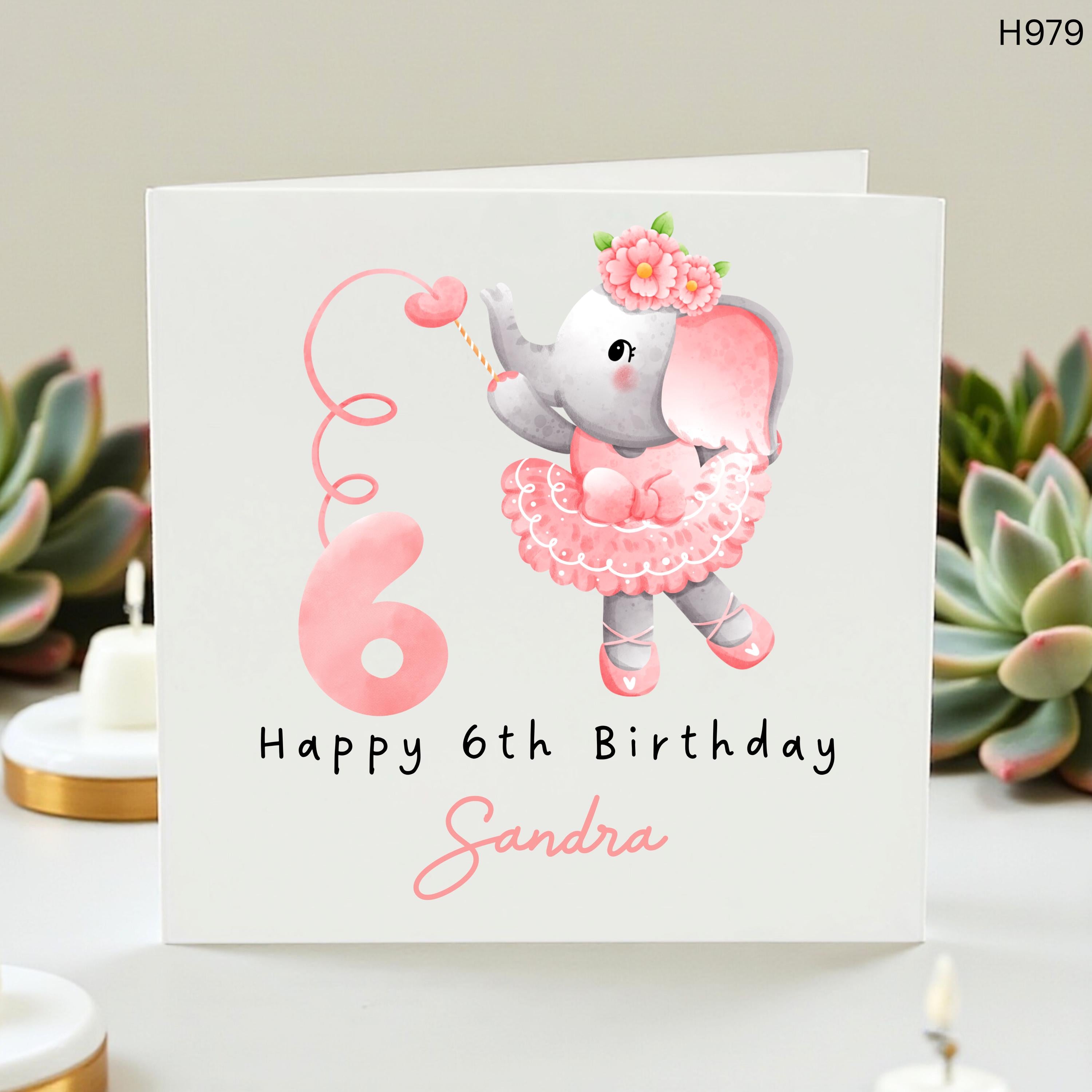 Personalized 6th Birthday Card for Girls Ballerina Elephant Tutu Birthday Pink Ballet Theme, Custom Name Age 6, Daughter Granddaughter Niece