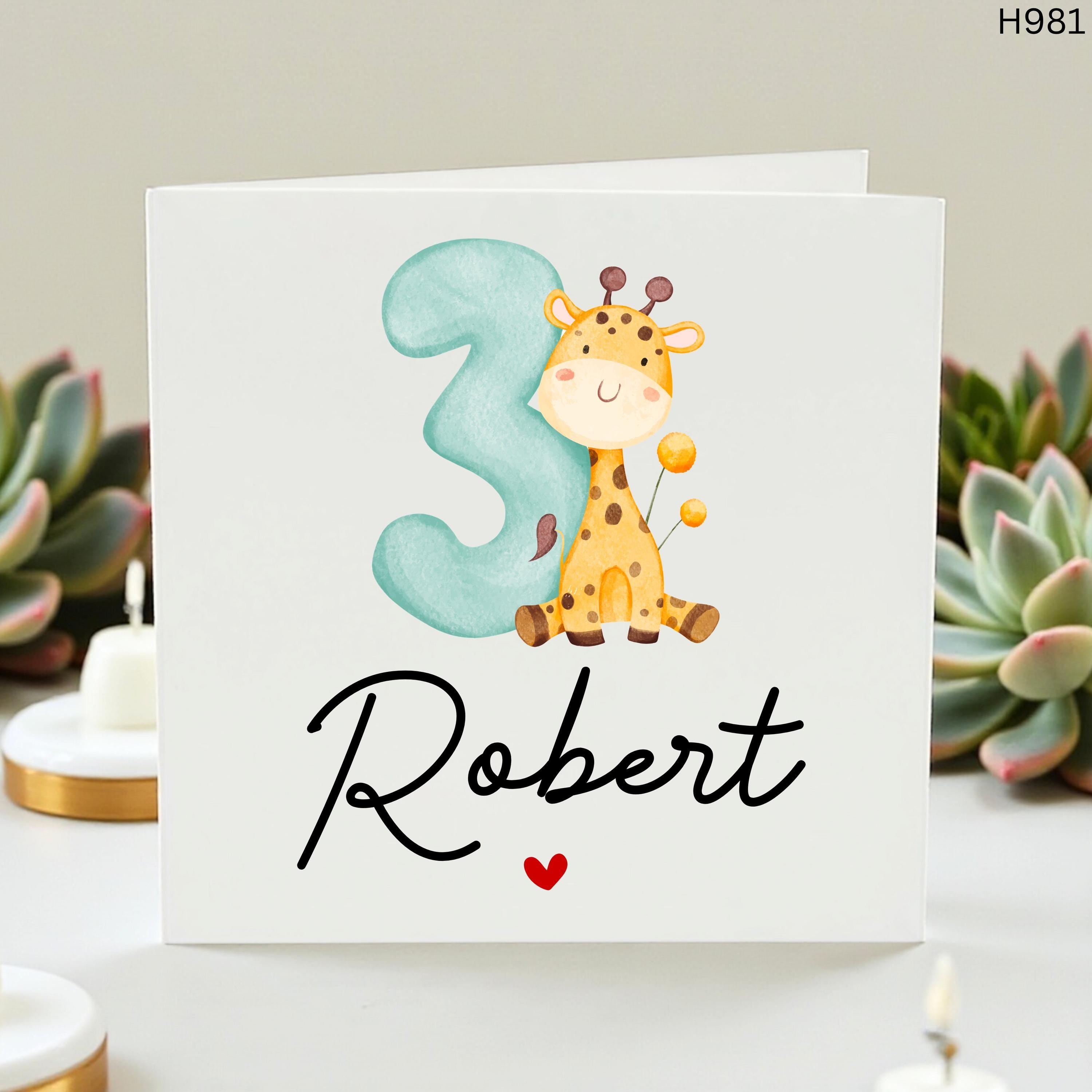 Personalized 3rd Birthday Card for Boy, Giraffe Birthday Card, Custom Name Age 3 Card, Safari Animal Birthday, Toddler Son Grandson Robert