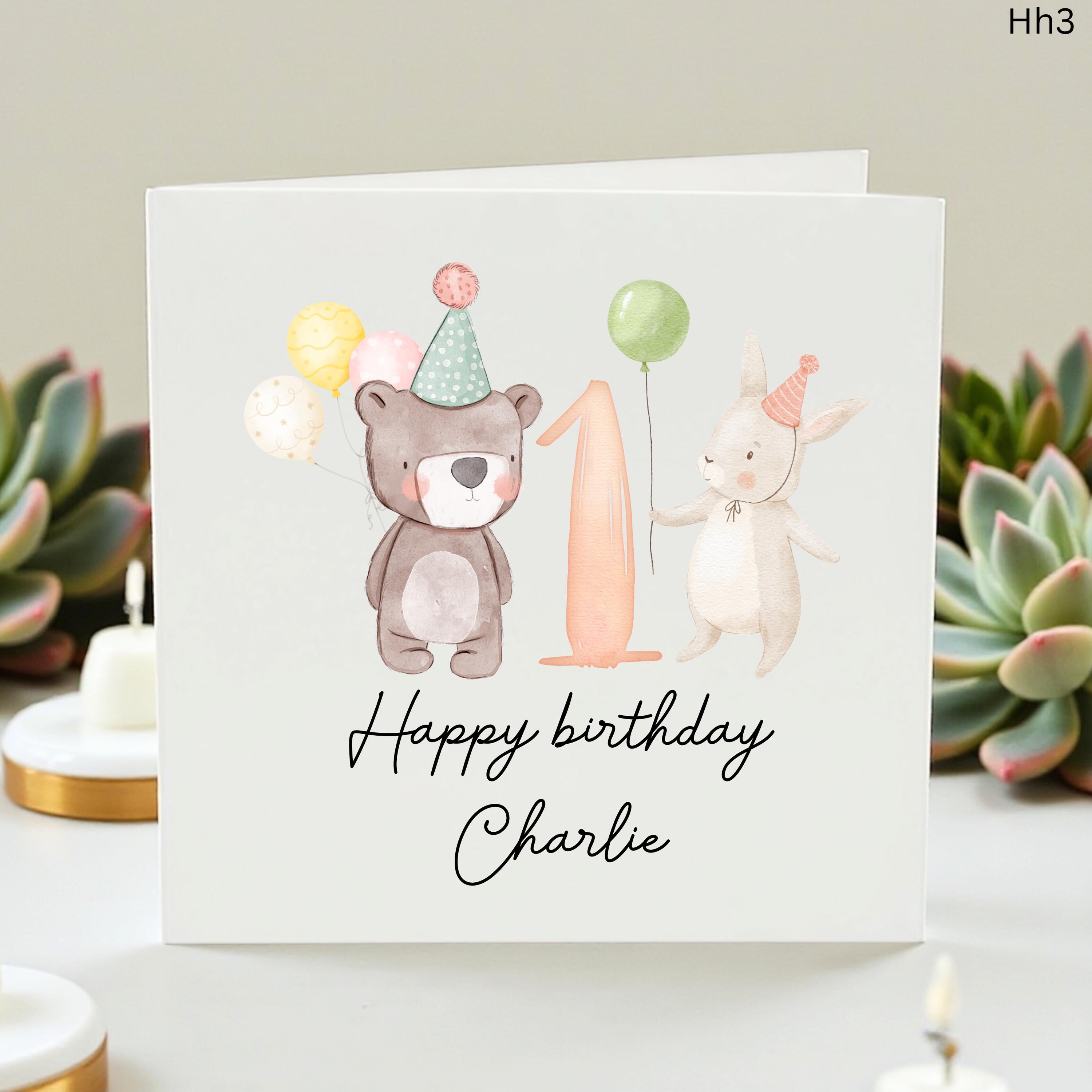 Personalized 1st Birthday Card for Boys - Custom Name First Birthday Card with Watercolor Bear and Bunny Cute Woodland Animal Birthday Card