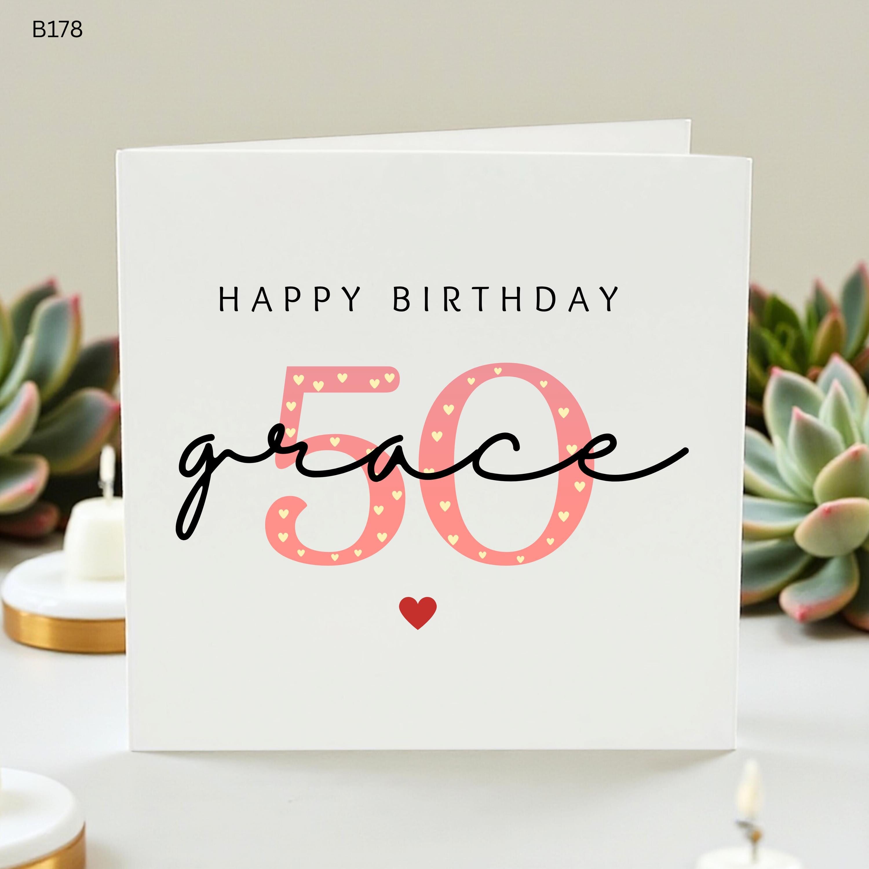 Personalized 50th Birthday Card for Her, Custom Name 50 Birthday Gift, Fifty and Fabulous Card, Happy Birthday Grace, Pink Heart Milestone