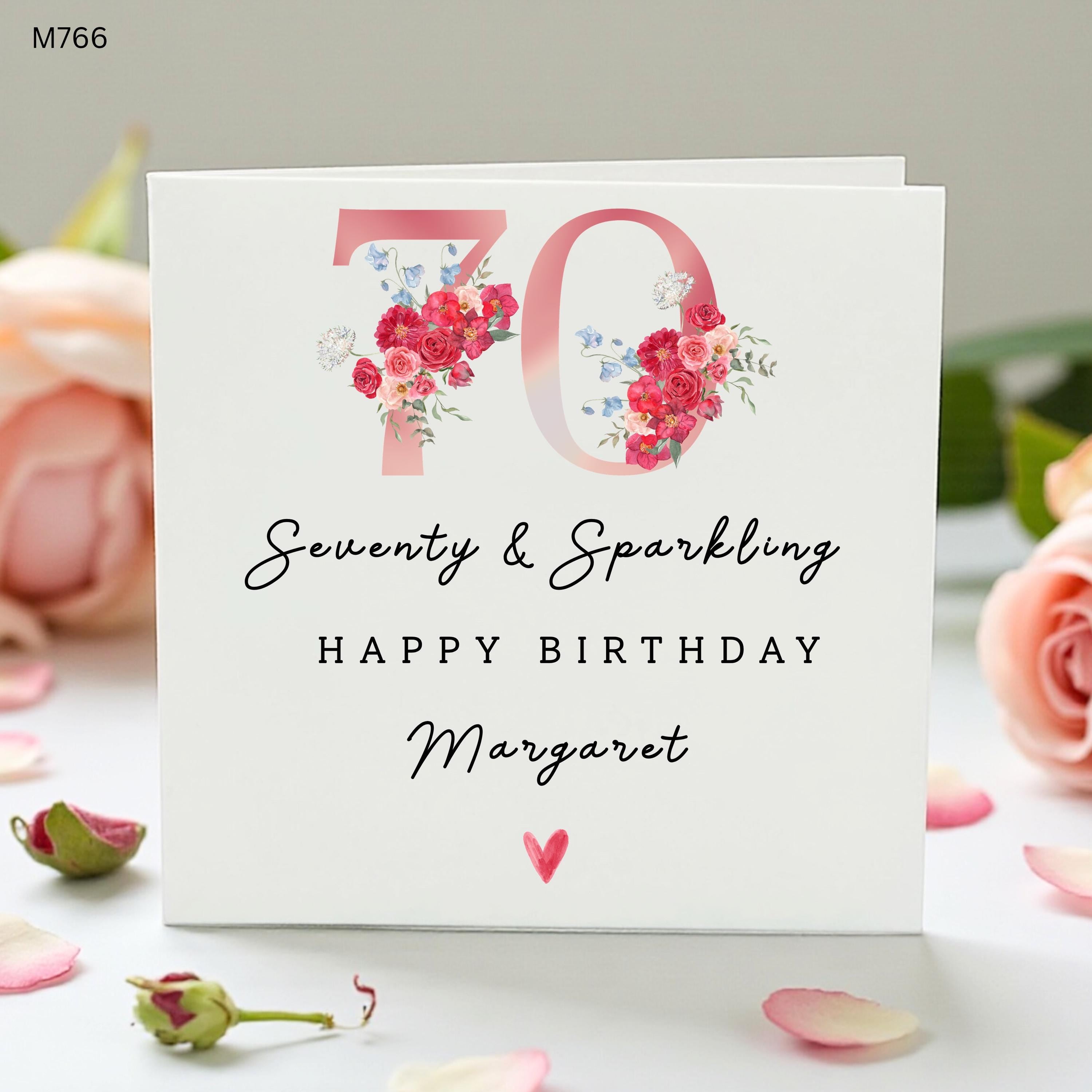 Personalised 70th Birthday Card for Her, Seventy & Sparkling Floral Card, Custom Name Mum Grandma Nan Birthday Card