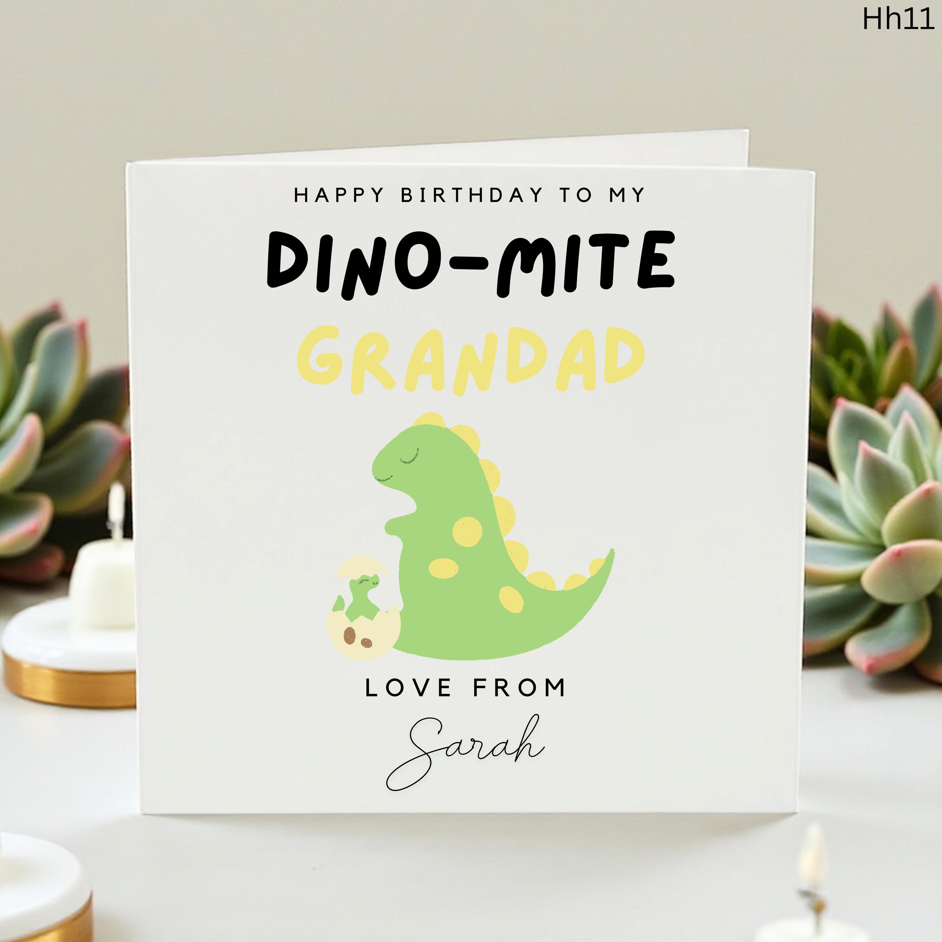 Dino-mite Grandad Birthday Card, Personalized Dinosaur Card for Grandpa from Grandkids, Cute T-Rex Card for Gramps, Custom Name Sarah Card