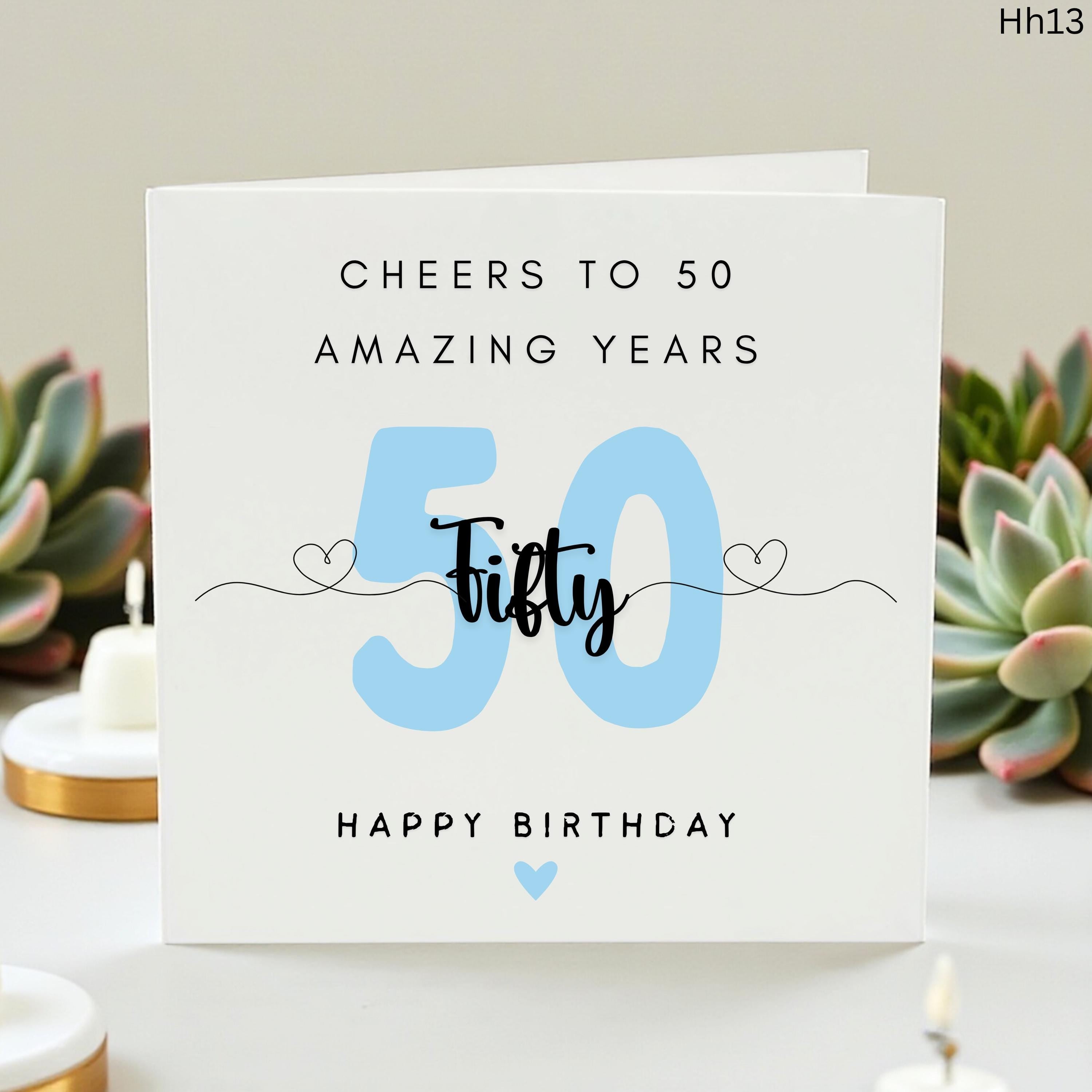 Cheers to 50 Amazing Years Birthday Card, Personalized 50th Birthday Card for Him, Blue Fifty Milestone Card for Husband Dad Brother Son